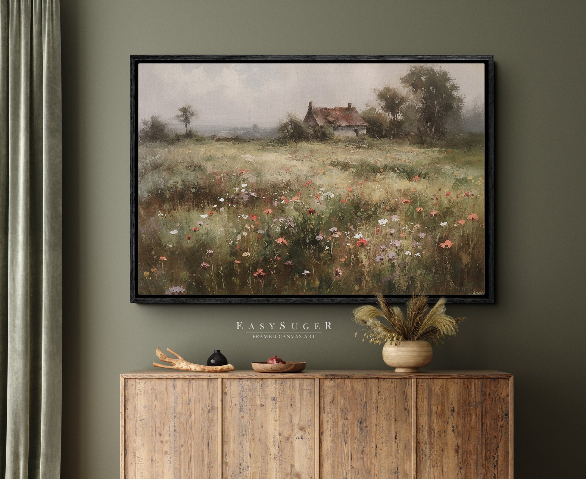 EasySuger Wildflower Field Wall Art Print, Nature Framed Large Gallery Art, Minimalist Art with hanging kit