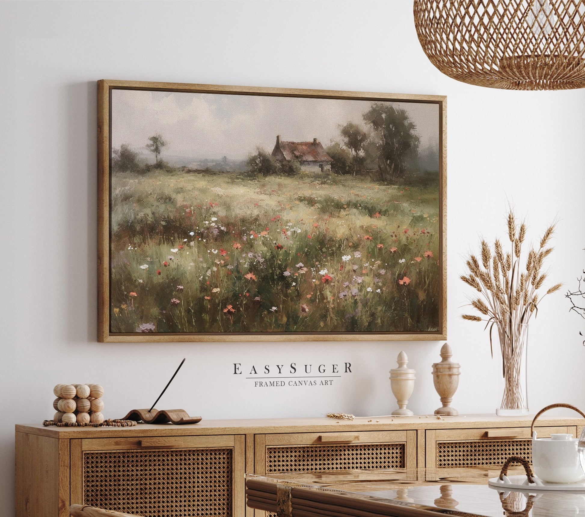 EasySuger Wildflower Field Wall Art Print, Nature Framed Large Gallery Art, Minimalist Art with hanging kit