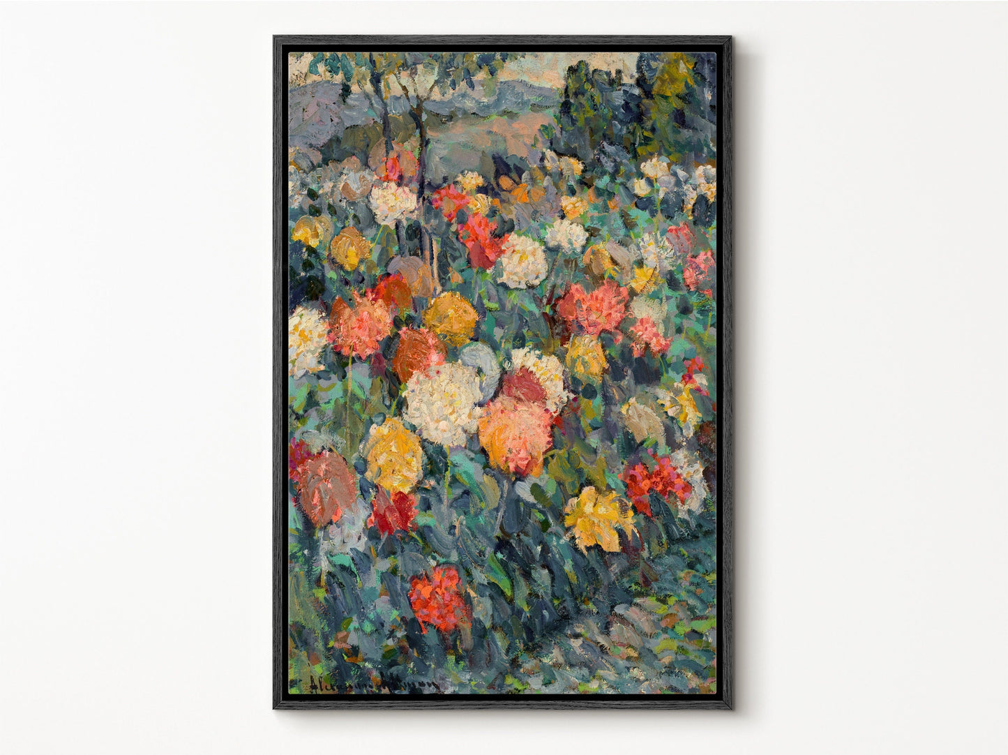 SouthandArt Vintage Flower Field Framed Print, Mountain Landscape Framed Large Gallery Art, Minimalist Art Ready to Hang (with hanging kit)