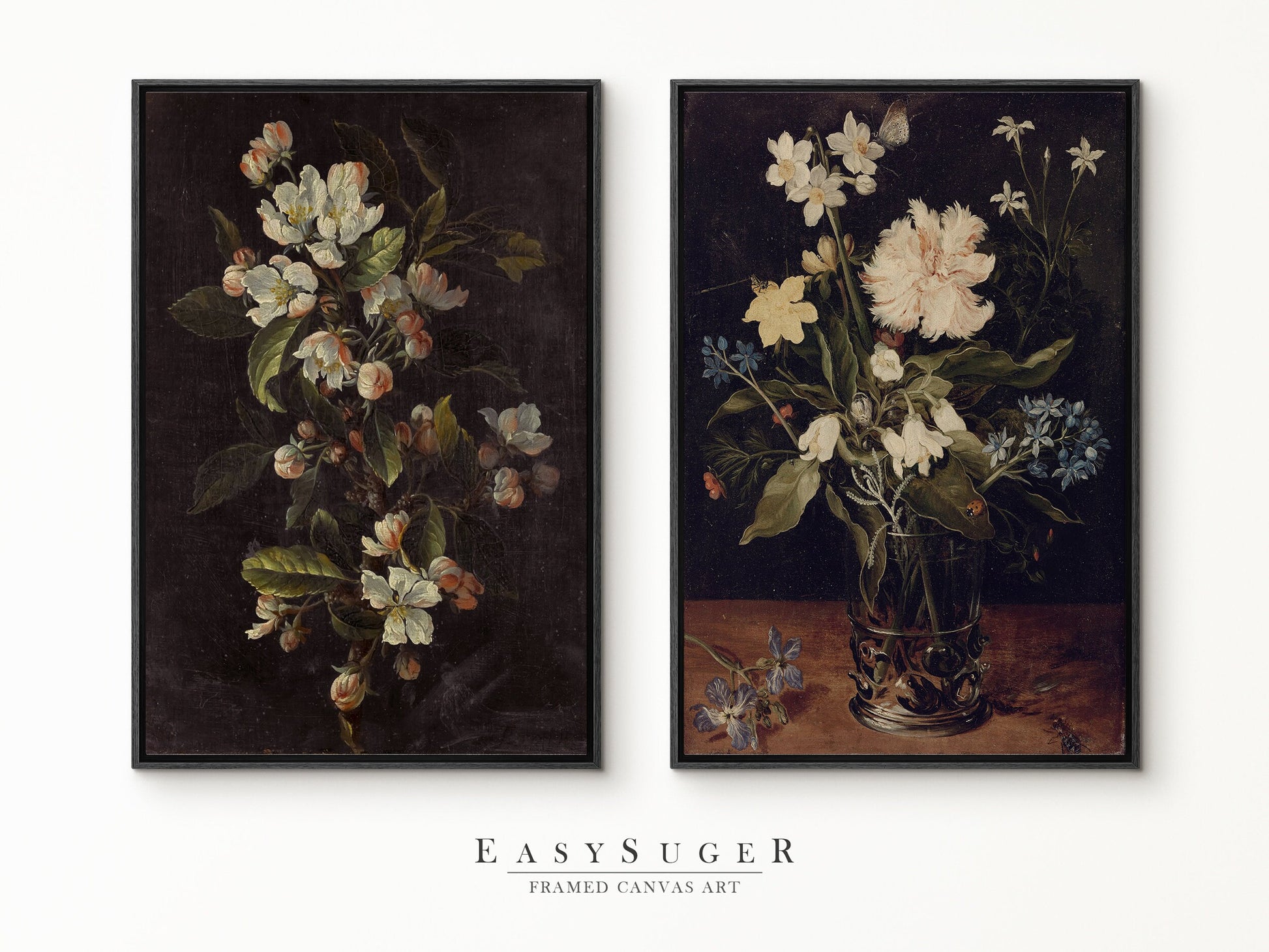 EasySuger 2 Panels Flower Vase Wall Art, Vintage Nature Framed Large Gallery Art, Antique Art Ready to Hang