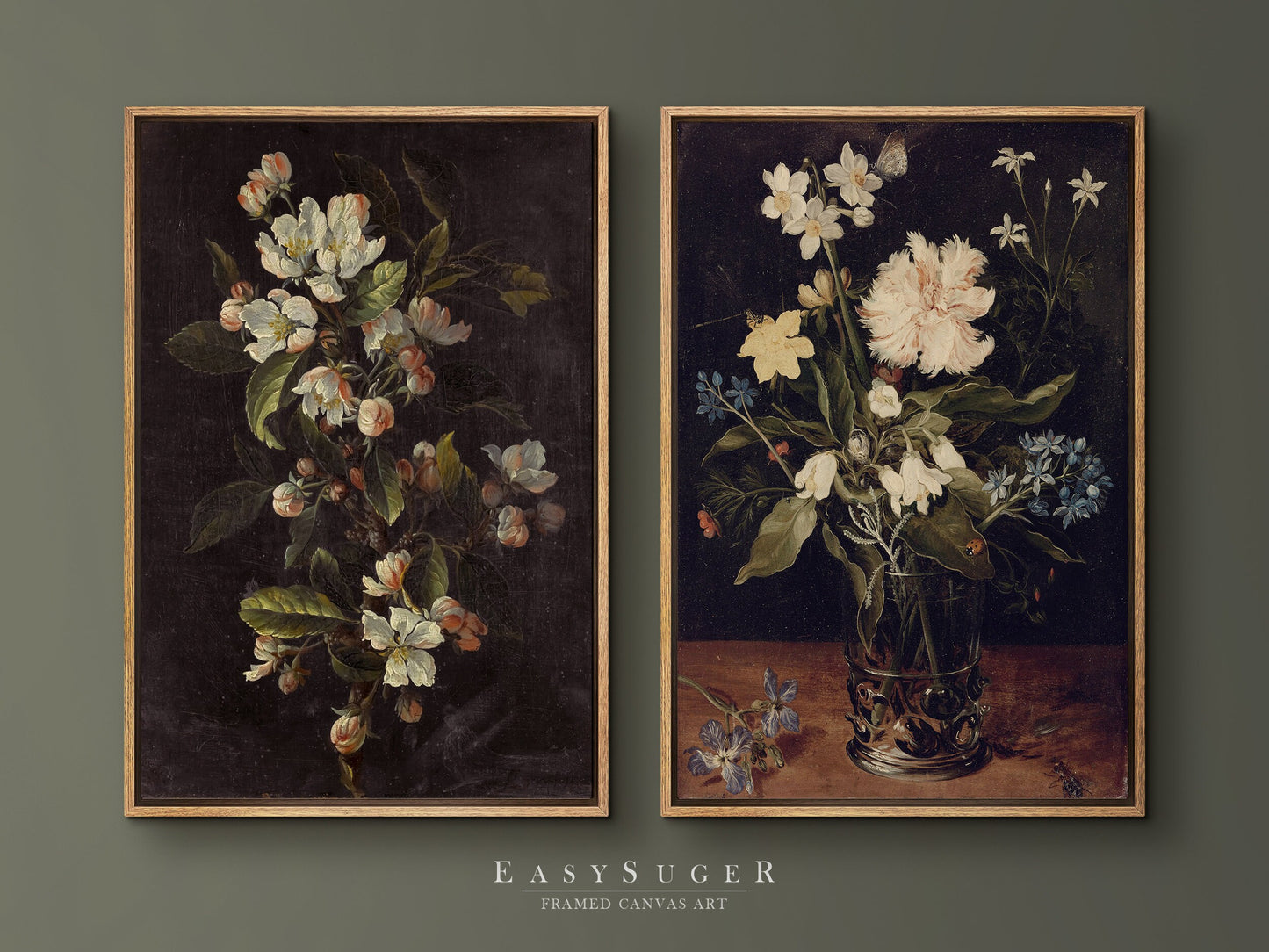 EasySuger 2 Panels Flower Vase Wall Art, Vintage Nature Framed Large Gallery Art, Antique Art Ready to Hang