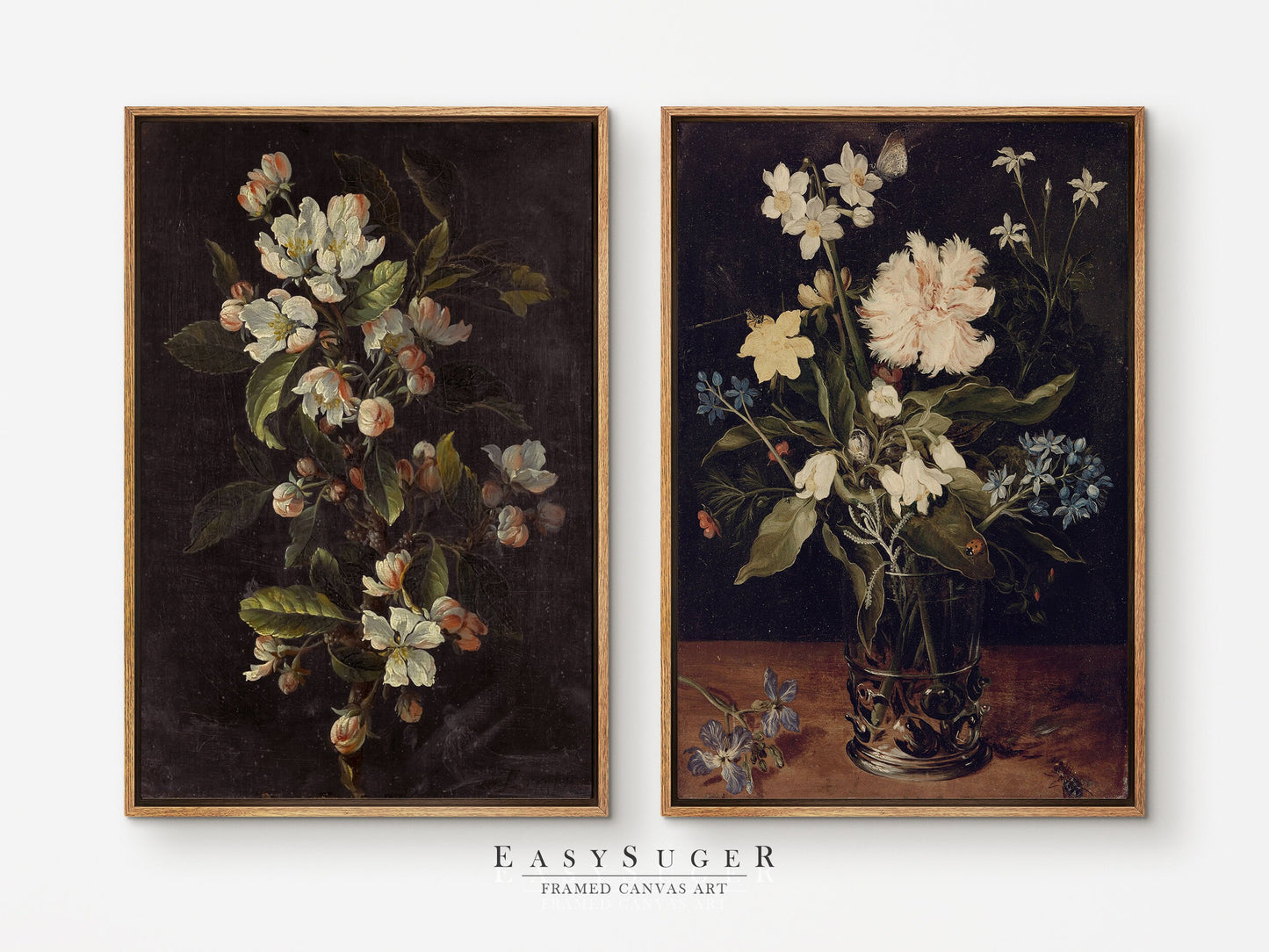 EasySuger 2 Panels Flower Vase Wall Art, Vintage Nature Framed Large Gallery Art, Antique Art Ready to Hang