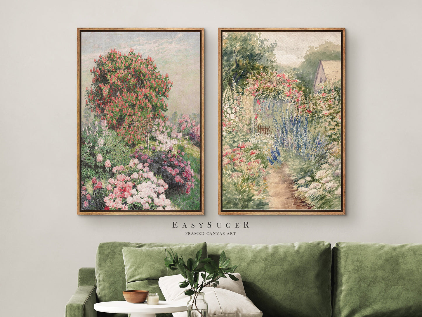 EasySuger 2 Panels Flowers Garden Wall Art, Vintage Nature Framed Large Gallery Art, Antique Art Ready to Hang