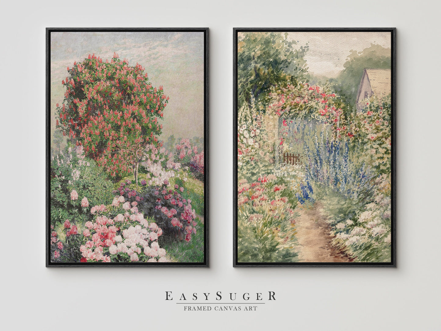 EasySuger 2 Panels Flowers Garden Wall Art, Vintage Nature Framed Large Gallery Art, Antique Art Ready to Hang