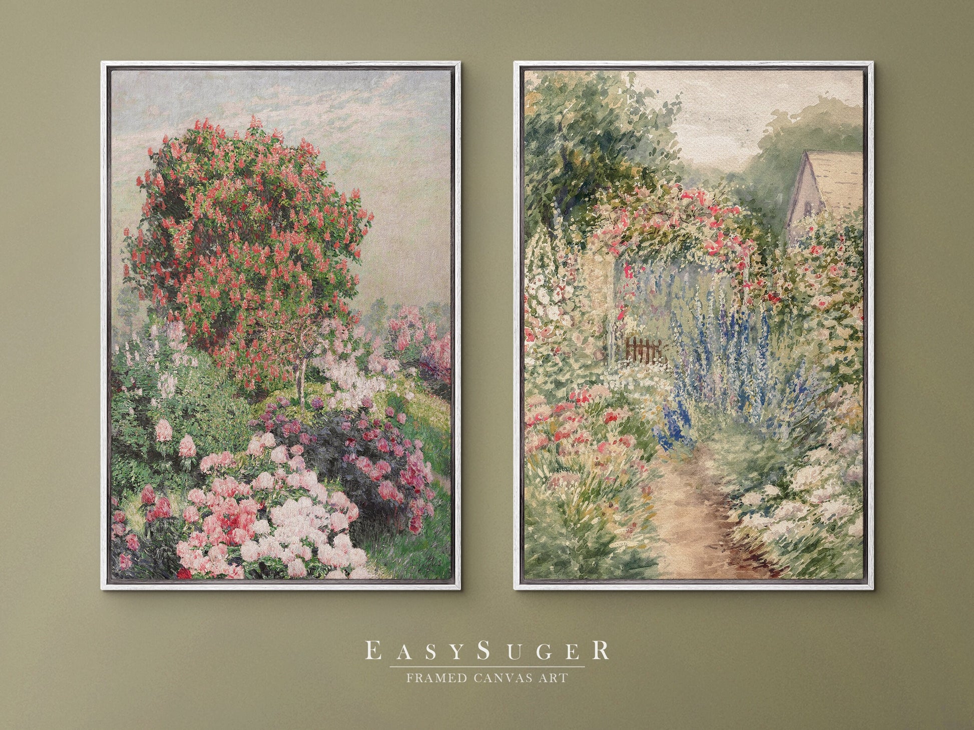 EasySuger 2 Panels Flowers Garden Wall Art, Vintage Nature Framed Large Gallery Art, Antique Art Ready to Hang