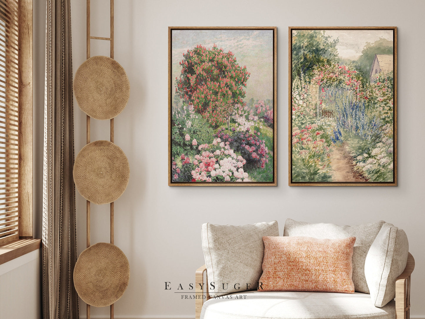 EasySuger 2 Panels Flowers Garden Wall Art, Vintage Nature Framed Large Gallery Art, Antique Art Ready to Hang