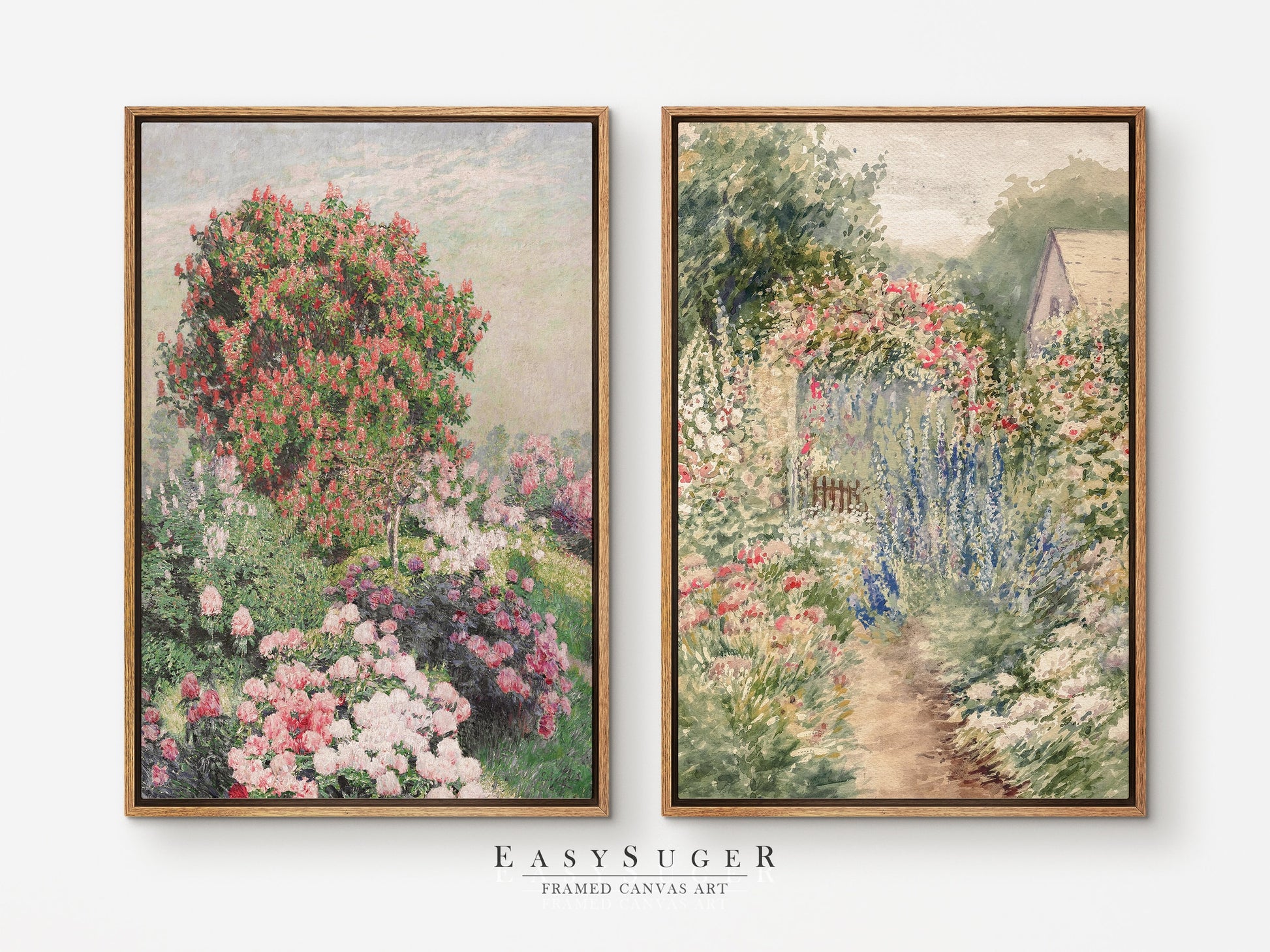 EasySuger 2 Panels Flowers Garden Wall Art, Vintage Nature Framed Large Gallery Art, Antique Art Ready to Hang