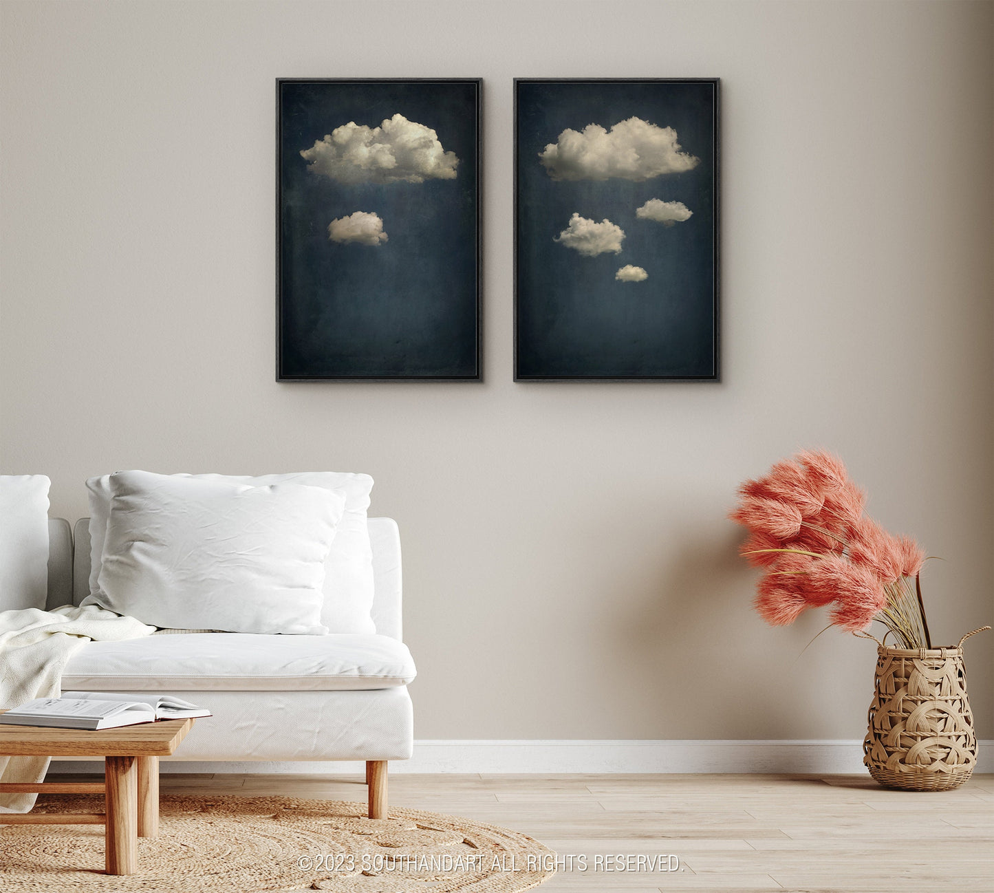 SouthandArt Vintage 3 Panel Moody Clouds Wall Art Print, Cloudy Sky Framed Large Gallery Art, Minimalist Art Ready to Hang