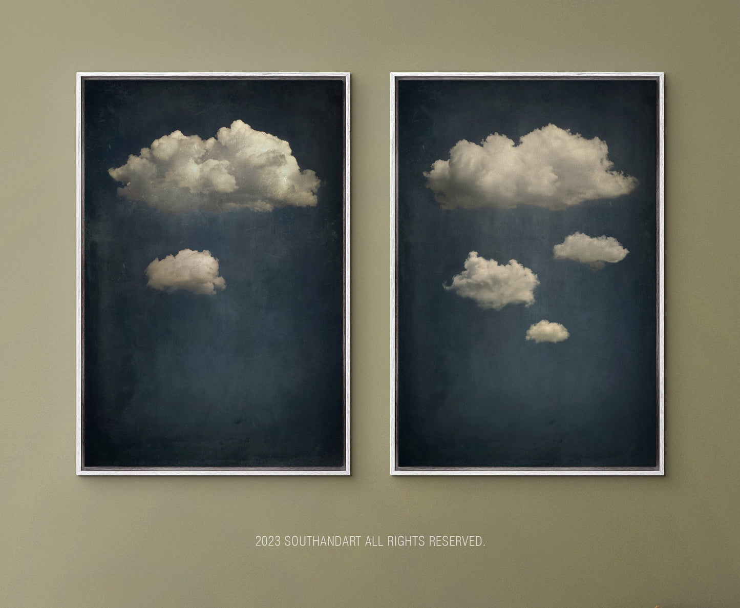 SouthandArt Vintage 3 Panel Moody Clouds Wall Art Print, Cloudy Sky Framed Large Gallery Art, Minimalist Art Ready to Hang