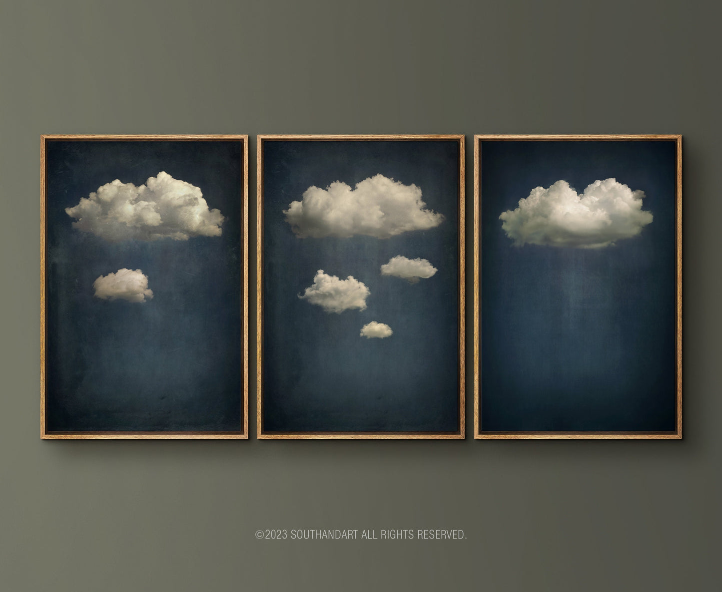 SouthandArt Vintage 3 Panel Moody Clouds Wall Art Print, Cloudy Sky Framed Large Gallery Art, Minimalist Art Ready to Hang