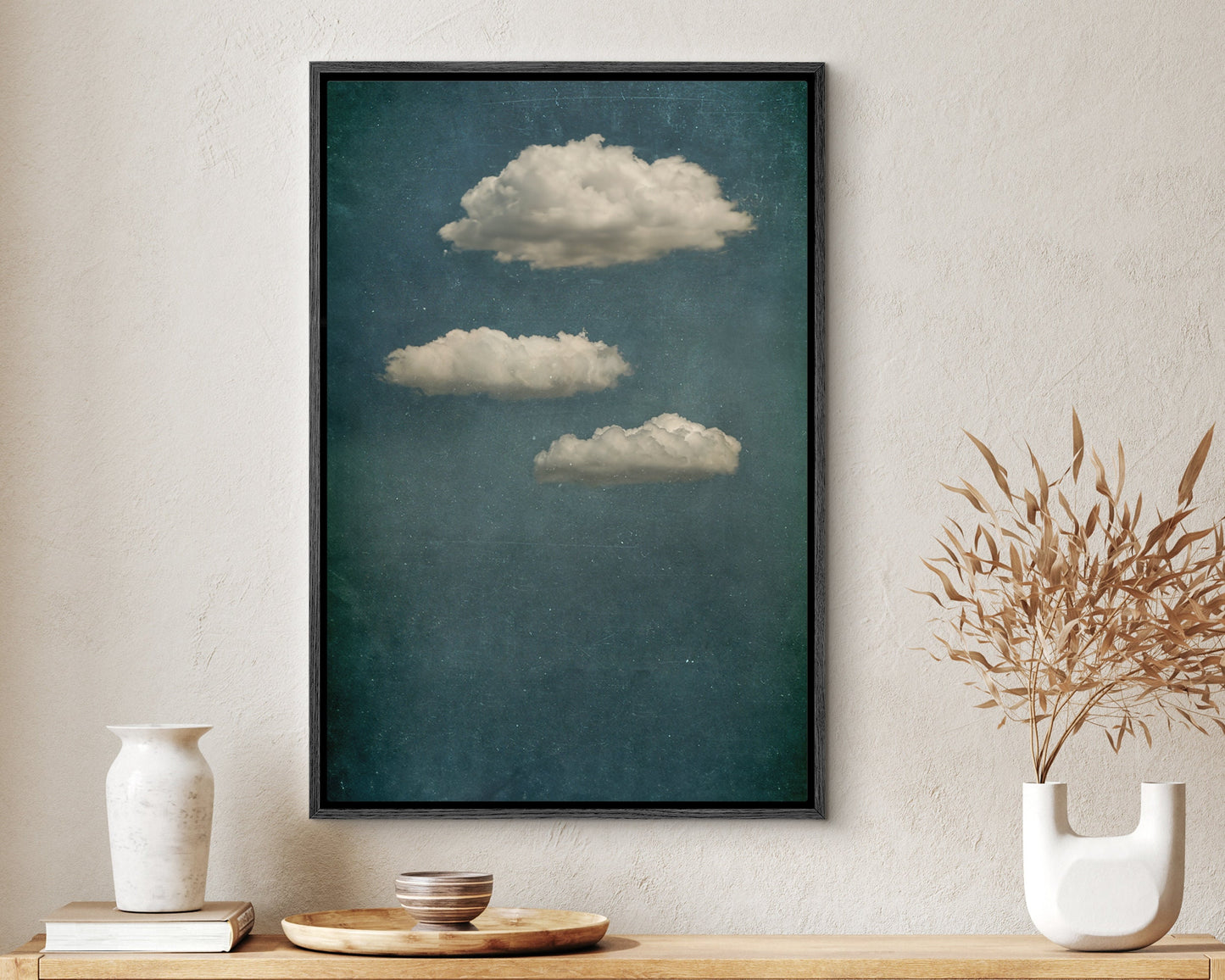 SouthandArt Vintage Moody Clouds Wall Art Print, Cloudy Sky Framed Large Gallery Art, Minimalist Art with hanging kit