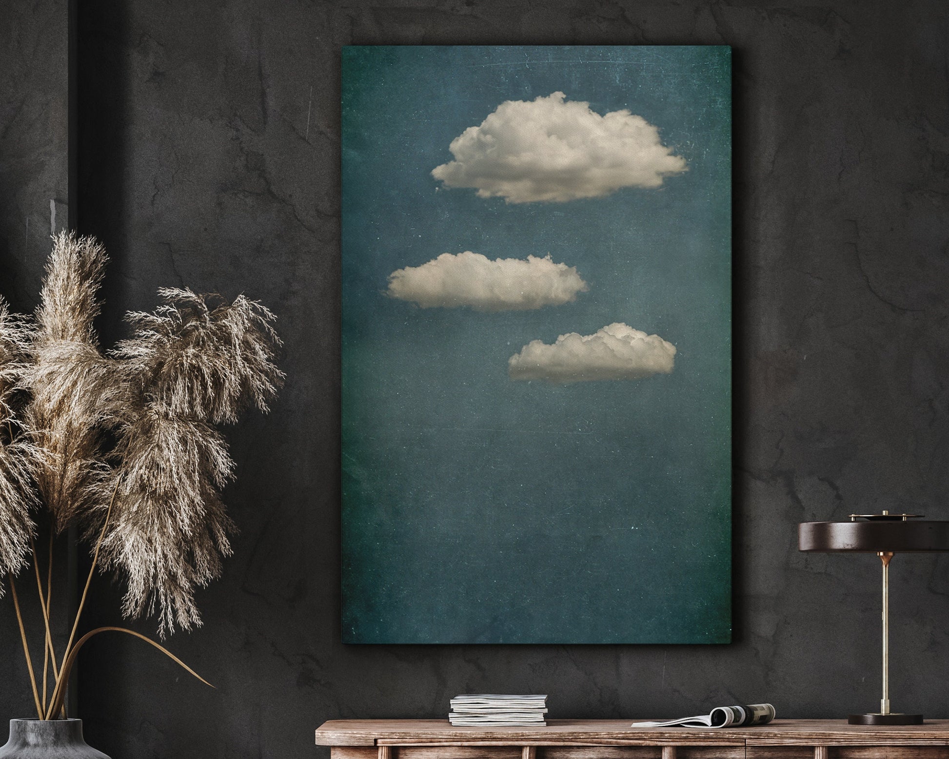 SouthandArt Vintage Moody Clouds Wall Art Print, Cloudy Sky Framed Large Gallery Art, Minimalist Art with hanging kit