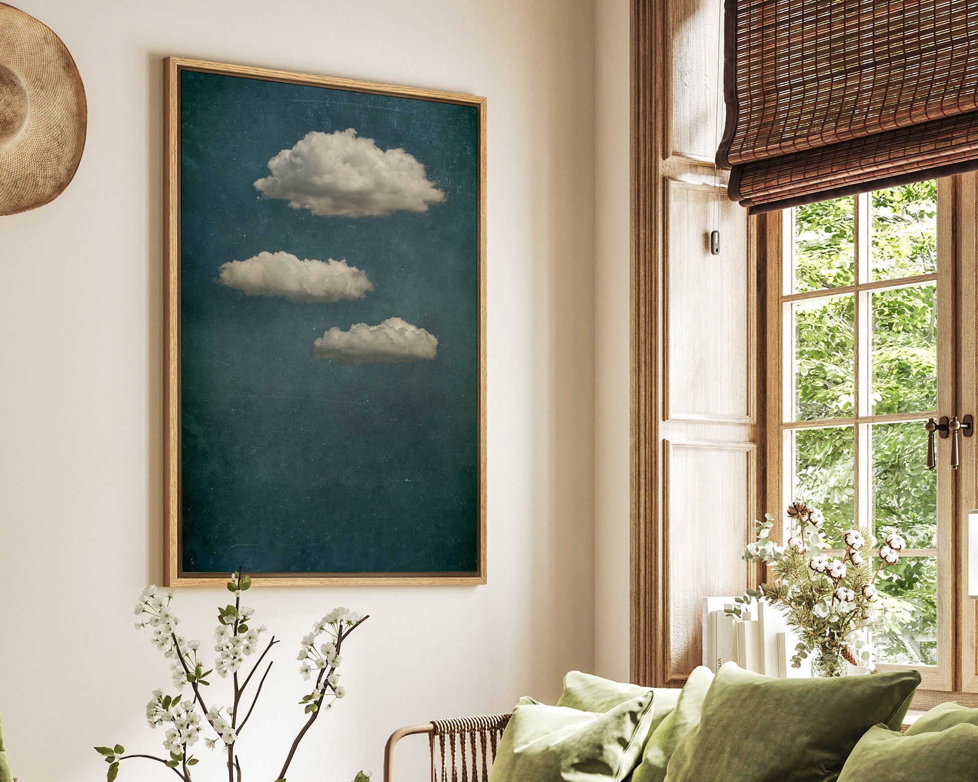 SouthandArt Vintage Moody Clouds Wall Art Print, Cloudy Sky Framed Large Gallery Art, Minimalist Art with hanging kit