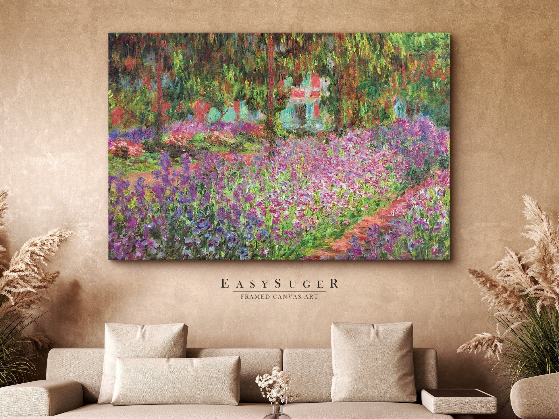 EasySuger Claude Monet The Artist's Garden at Giverny Framed Print | Framed Canvas Wall Art with hanging kit | AG56