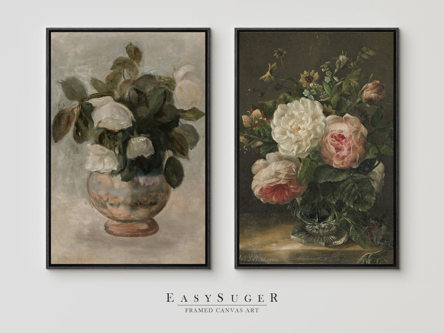 EasySuger 2 Panels Flower Vase Wall Art, Vintage Nature Framed Large Gallery Art, Antique Art Ready to Hang