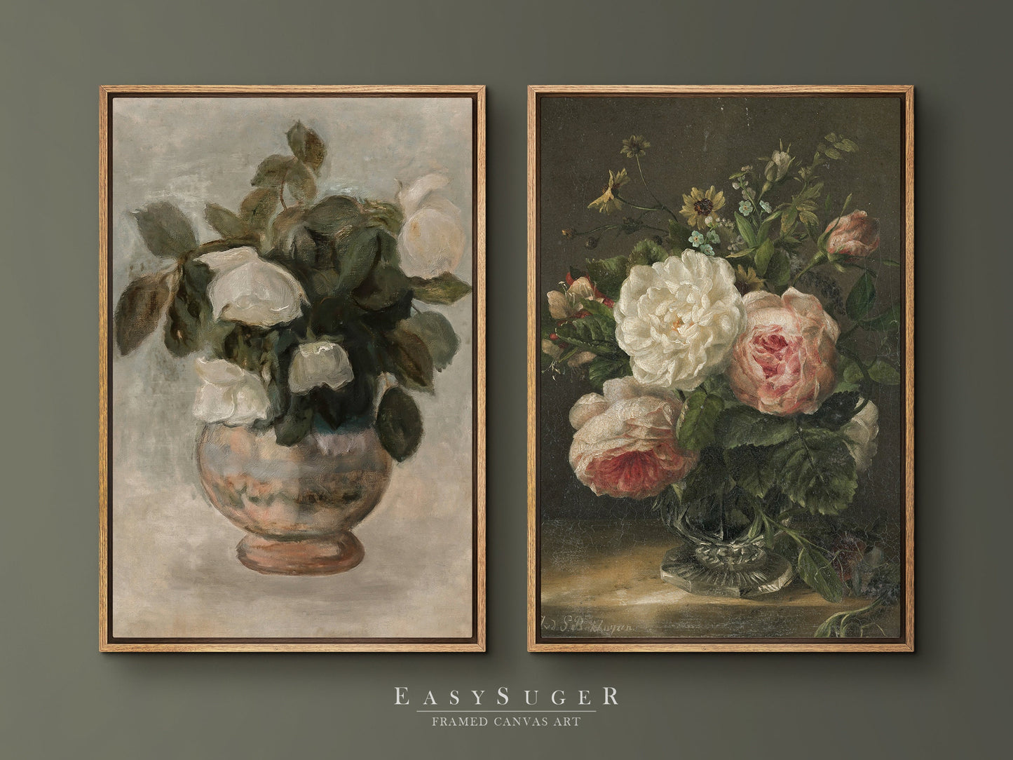 EasySuger 2 Panels Flower Vase Wall Art, Vintage Nature Framed Large Gallery Art, Antique Art Ready to Hang