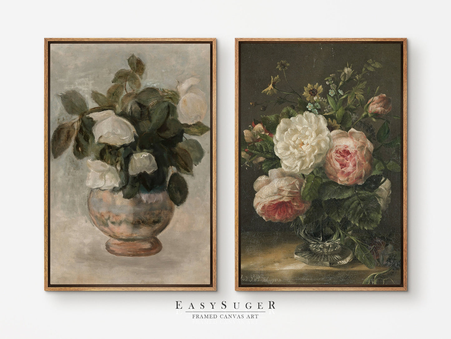 EasySuger 2 Panels Flower Vase Wall Art, Vintage Nature Framed Large Gallery Art, Antique Art Ready to Hang