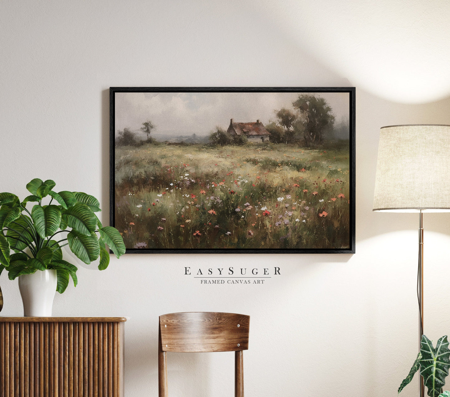 EasySuger Wildflower Field Wall Art Print, Nature Framed Large Gallery Art, Minimalist Art with hanging kit