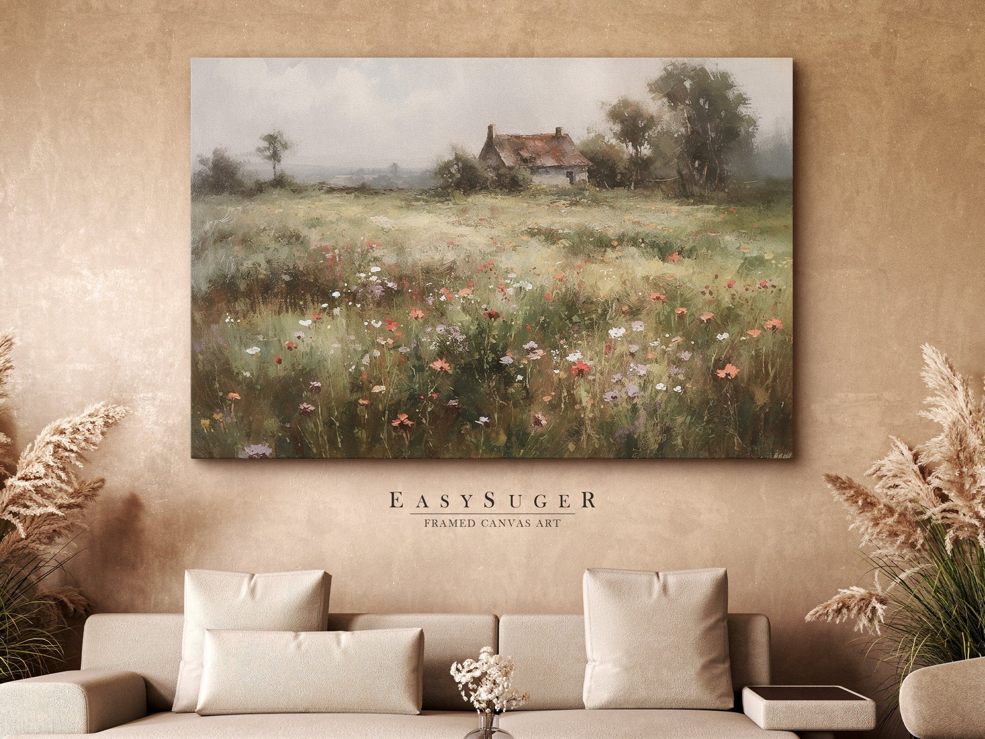 EasySuger Wildflower Field Wall Art Print, Nature Framed Large Gallery Art, Minimalist Art with hanging kit