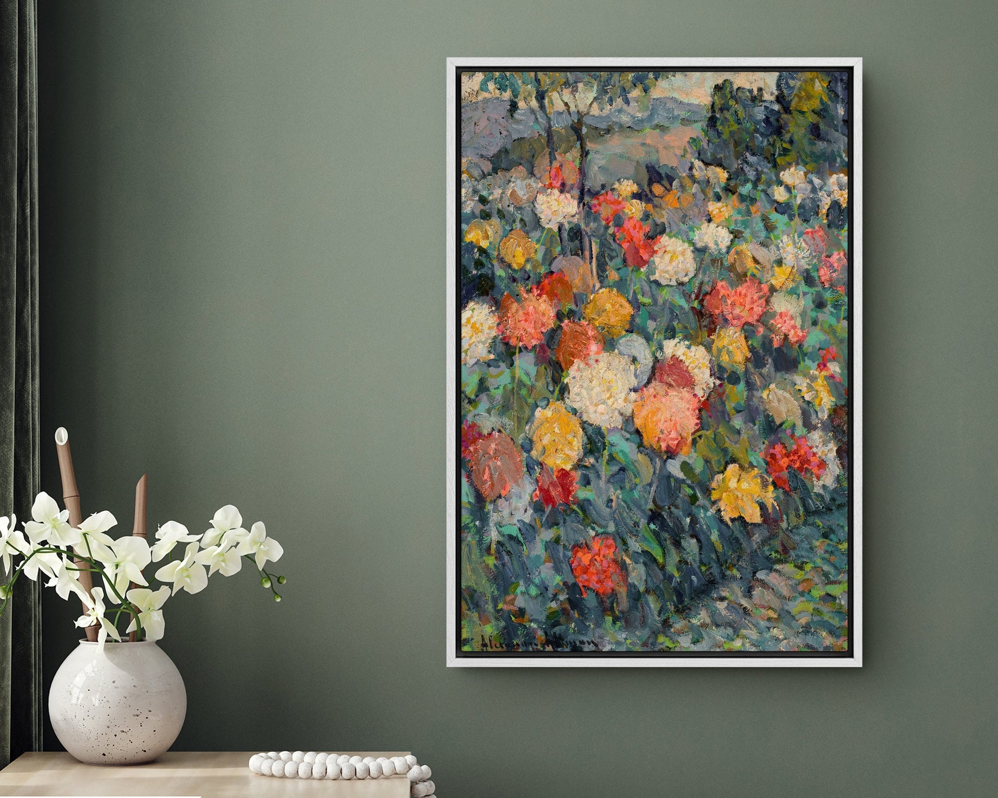 SouthandArt Vintage Flower Field Framed Print, Mountain Landscape Framed Large Gallery Art, Minimalist Art Ready to Hang (with hanging kit)