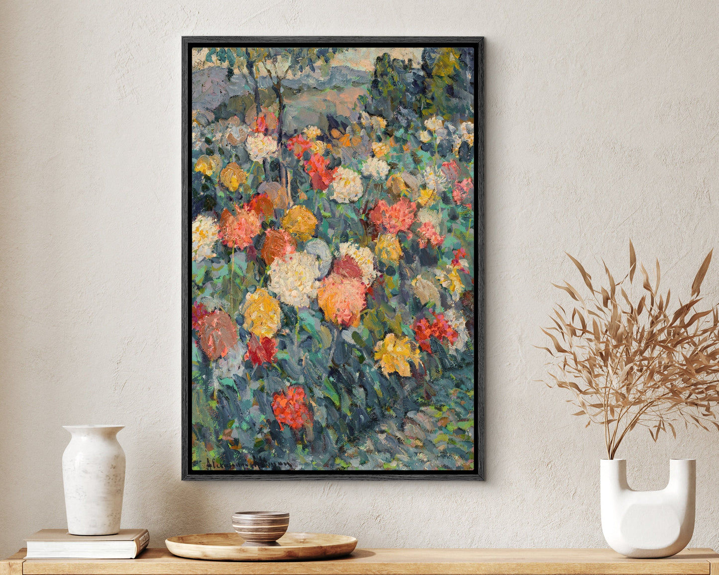 SouthandArt Vintage Flower Field Framed Print, Mountain Landscape Framed Large Gallery Art, Minimalist Art Ready to Hang (with hanging kit)