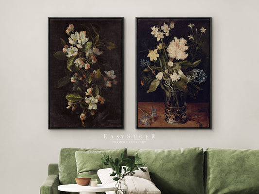 EasySuger 2 Panels Flower Vase Wall Art, Vintage Nature Framed Large Gallery Art, Antique Art Ready to Hang