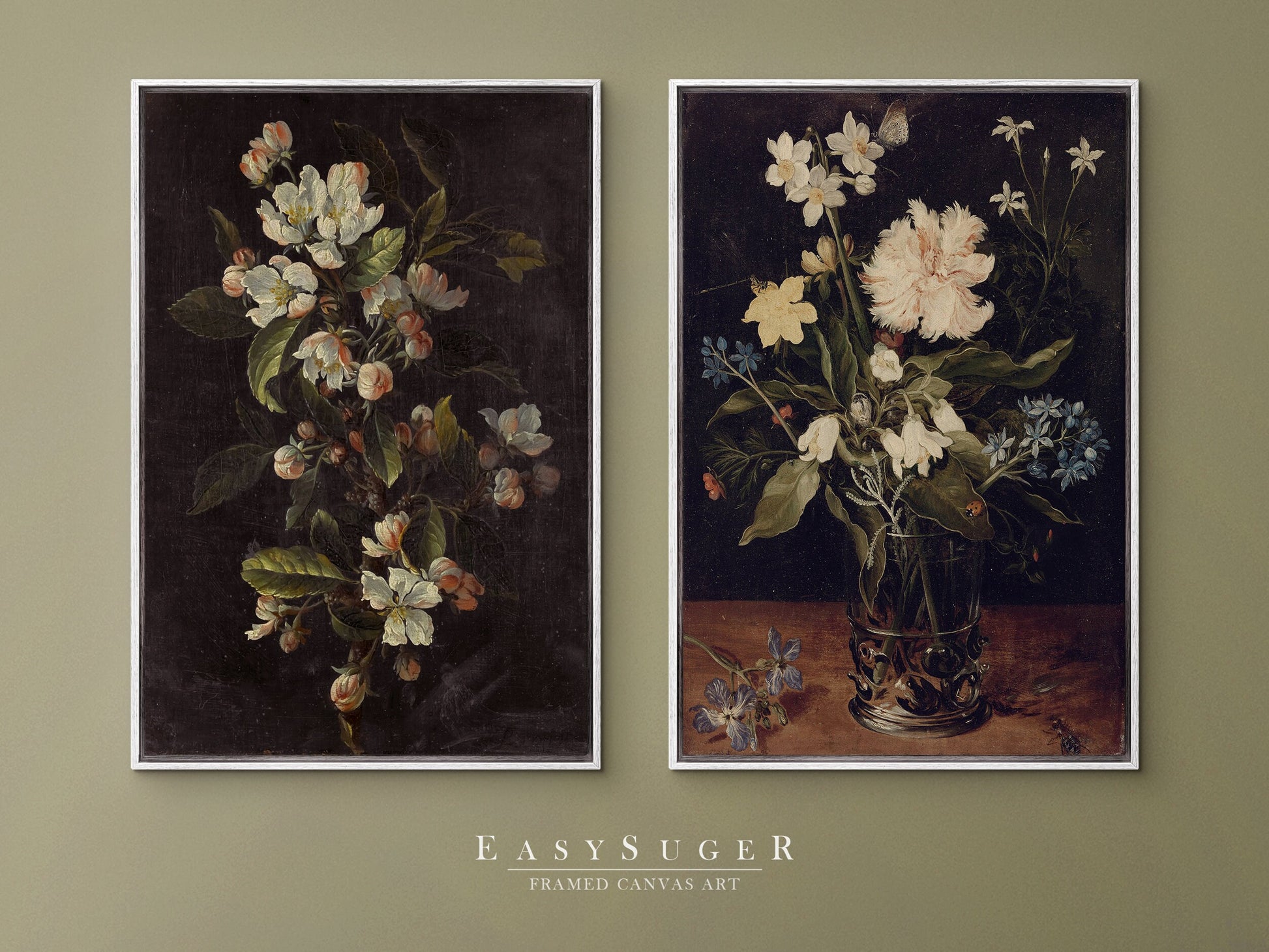 EasySuger 2 Panels Flower Vase Wall Art, Vintage Nature Framed Large Gallery Art, Antique Art Ready to Hang