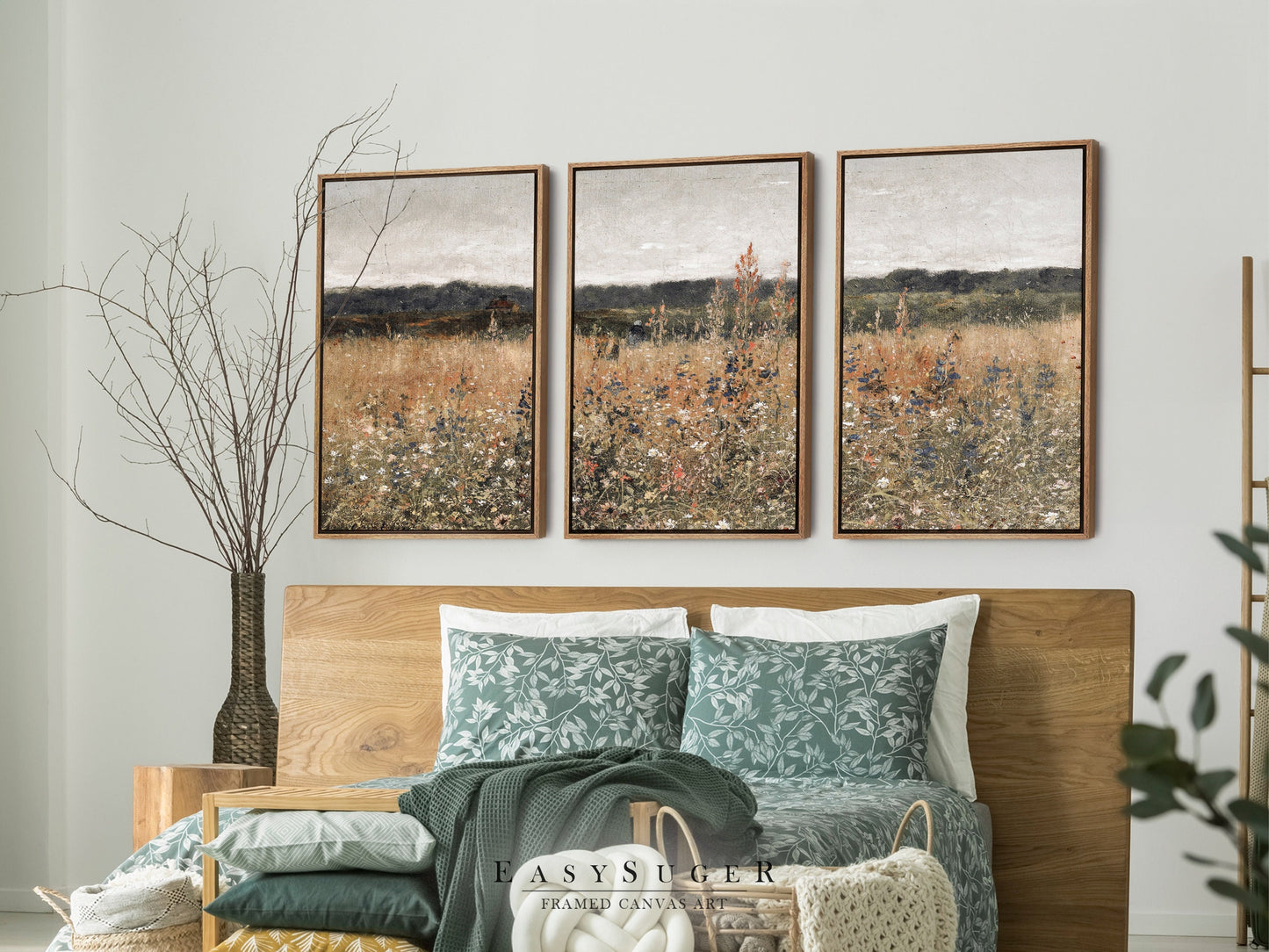 EasySuger 3 Panels Wildflowers field Landscape Wall Art, Vintage Nature Framed Large Gallery Art, Antique Art Ready to Hang | 3GH