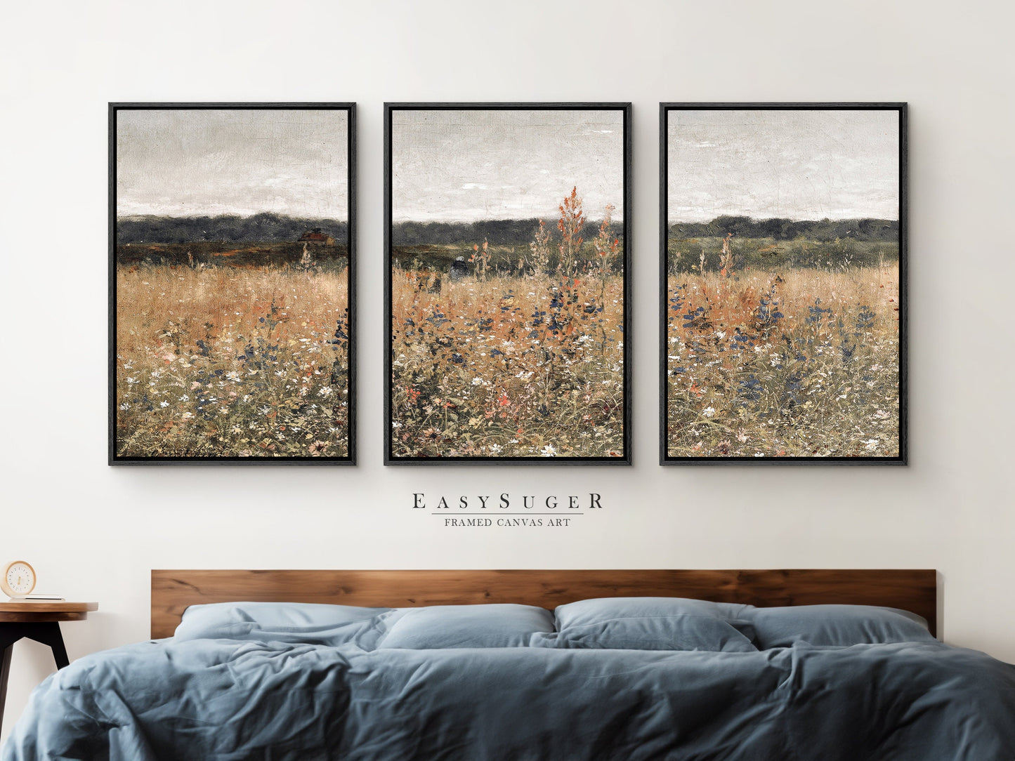 EasySuger 3 Panels Wildflowers field Landscape Wall Art, Vintage Nature Framed Large Gallery Art, Antique Art Ready to Hang | 3GH