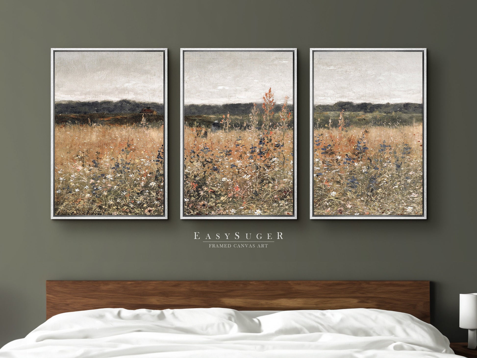 EasySuger 3 Panels Wildflowers field Landscape Wall Art, Vintage Nature Framed Large Gallery Art, Antique Art Ready to Hang | 3GH