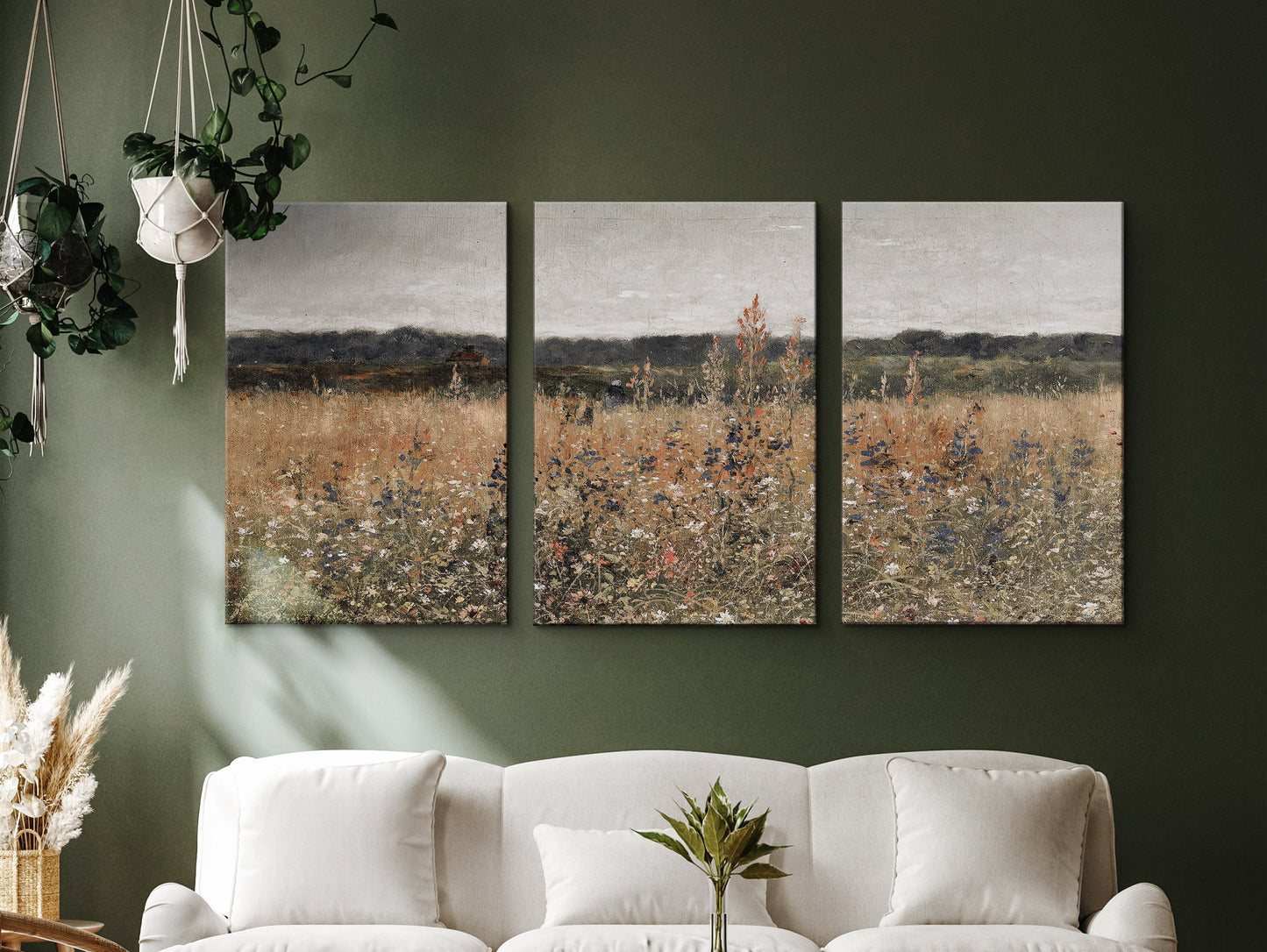 EasySuger 3 Panels Wildflowers field Landscape Wall Art, Vintage Nature Framed Large Gallery Art, Antique Art Ready to Hang | 3GH