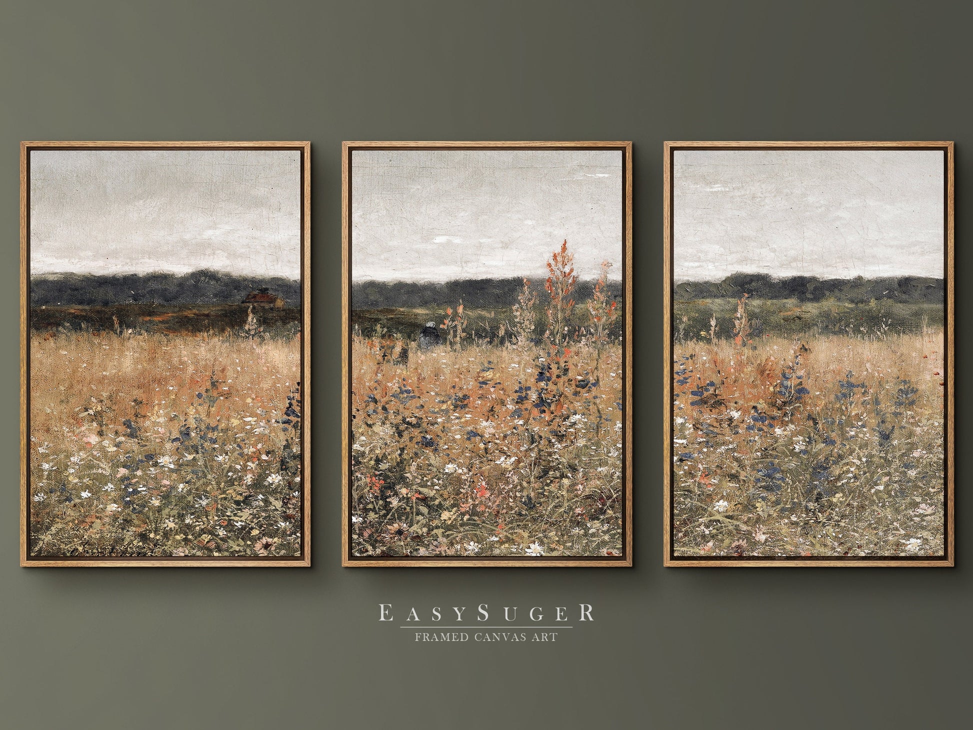 EasySuger 3 Panels Wildflowers field Landscape Wall Art, Vintage Nature Framed Large Gallery Art, Antique Art Ready to Hang | 3GH