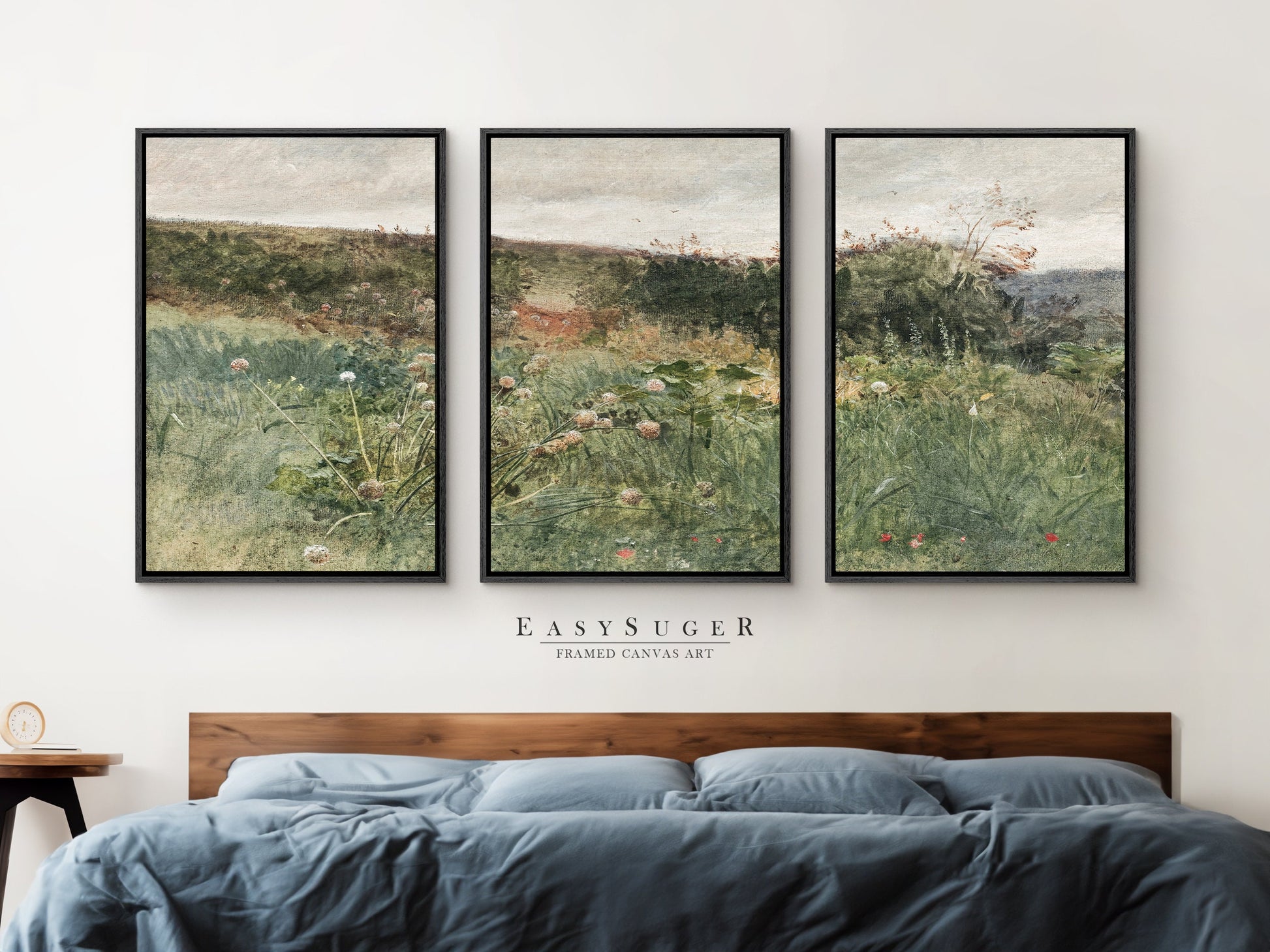 EasySuger 3 Panels Wildflowers field Landscape Wall Art, Vintage Nature Framed Large Gallery Art, Antique Art Ready to Hang