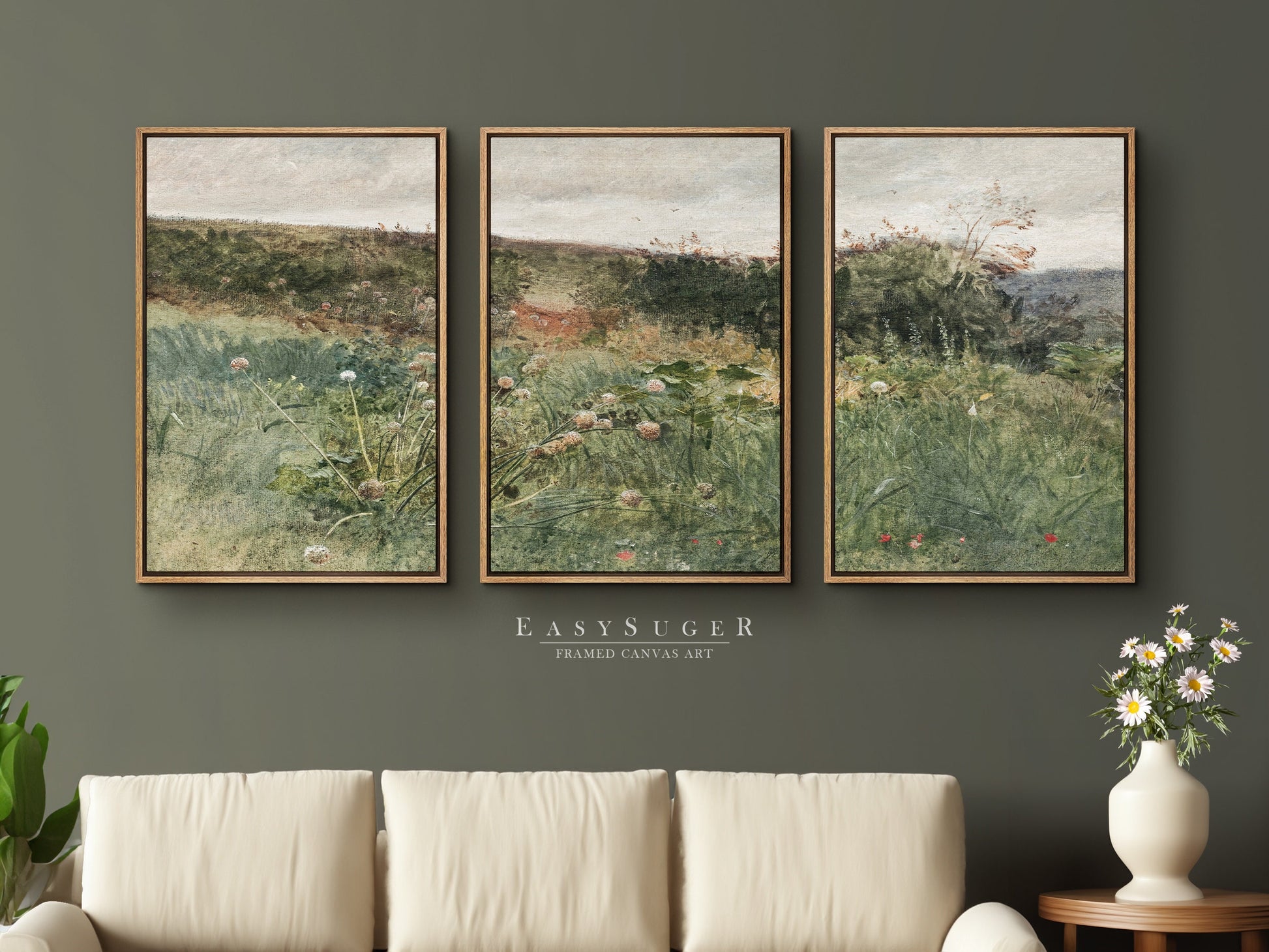 EasySuger 3 Panels Wildflowers field Landscape Wall Art, Vintage Nature Framed Large Gallery Art, Antique Art Ready to Hang