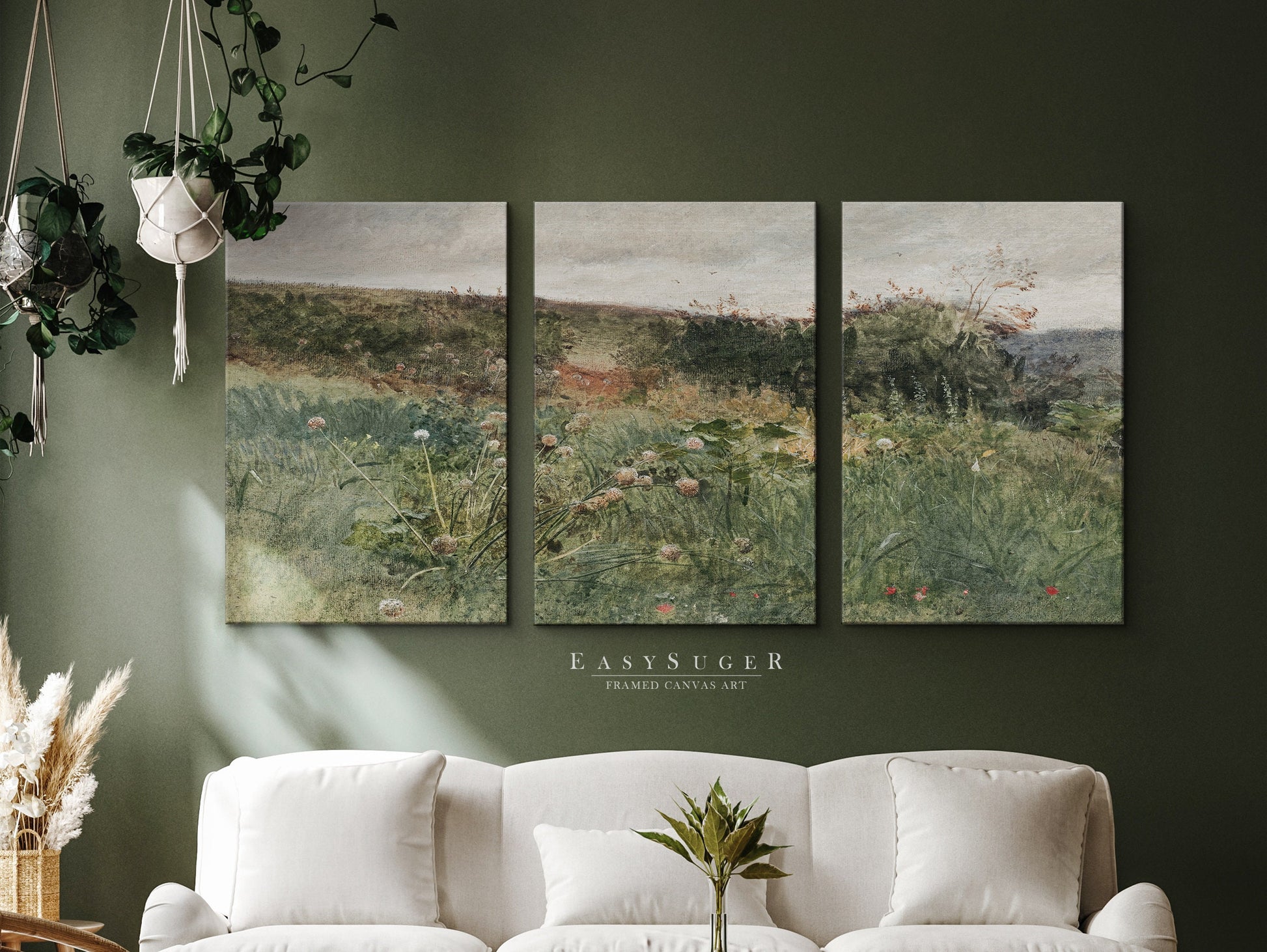 EasySuger 3 Panels Wildflowers field Landscape Wall Art, Vintage Nature Framed Large Gallery Art, Antique Art Ready to Hang