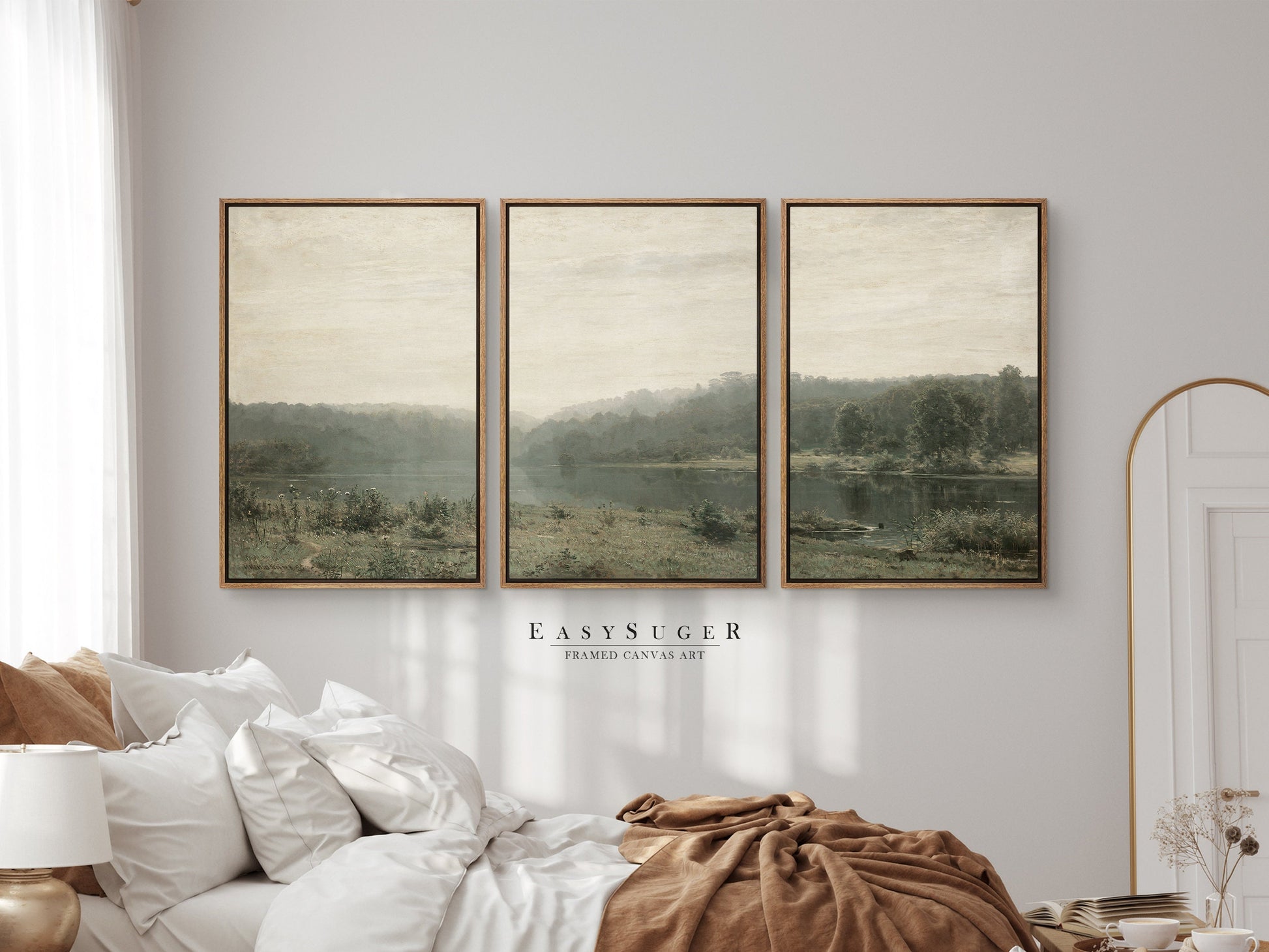 EasySuger 3 Panels Vintage Landscape field Landscape Wall Art, Vintage Nature Framed Large Gallery Art, Antique Art Ready to Hang | M25