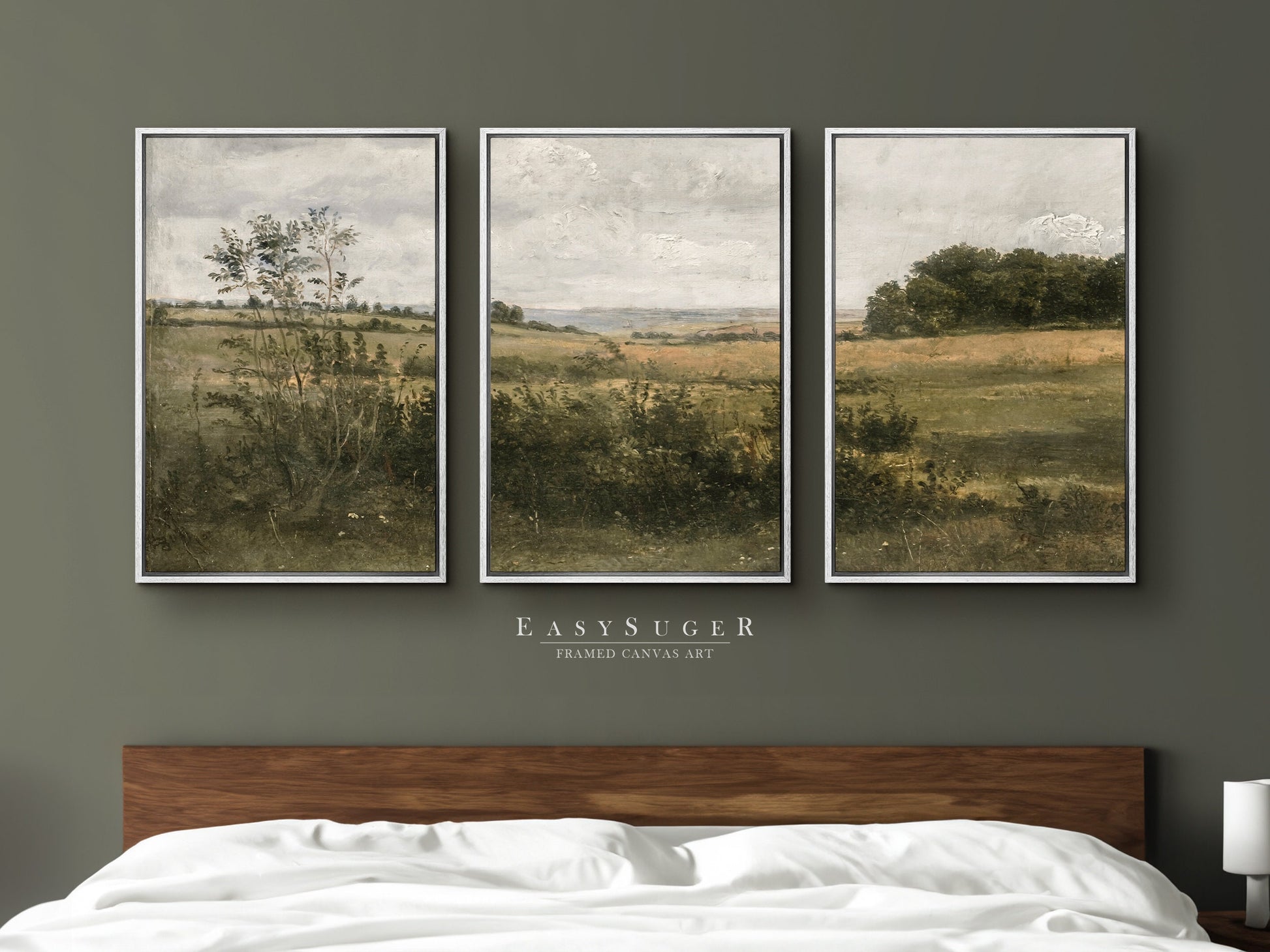 EasySuger 3 Panels Wildflowers field Landscape Wall Art, Vintage Nature Framed Large Gallery Art, Antique Art Ready to Hang