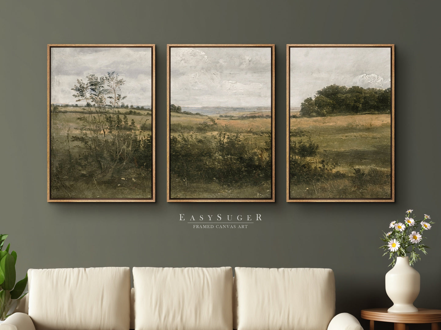 EasySuger 3 Panels Wildflowers field Landscape Wall Art, Vintage Nature Framed Large Gallery Art, Antique Art Ready to Hang