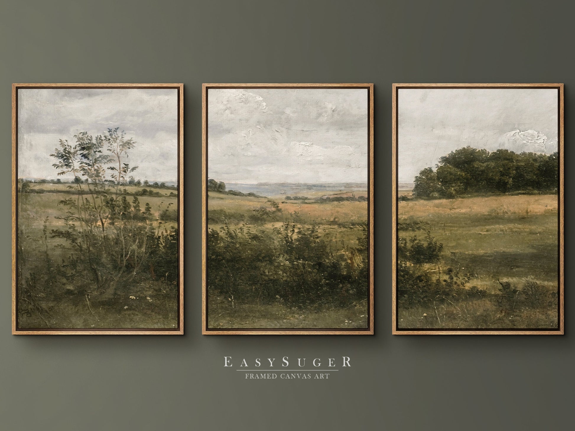 EasySuger 3 Panels Wildflowers field Landscape Wall Art, Vintage Nature Framed Large Gallery Art, Antique Art Ready to Hang