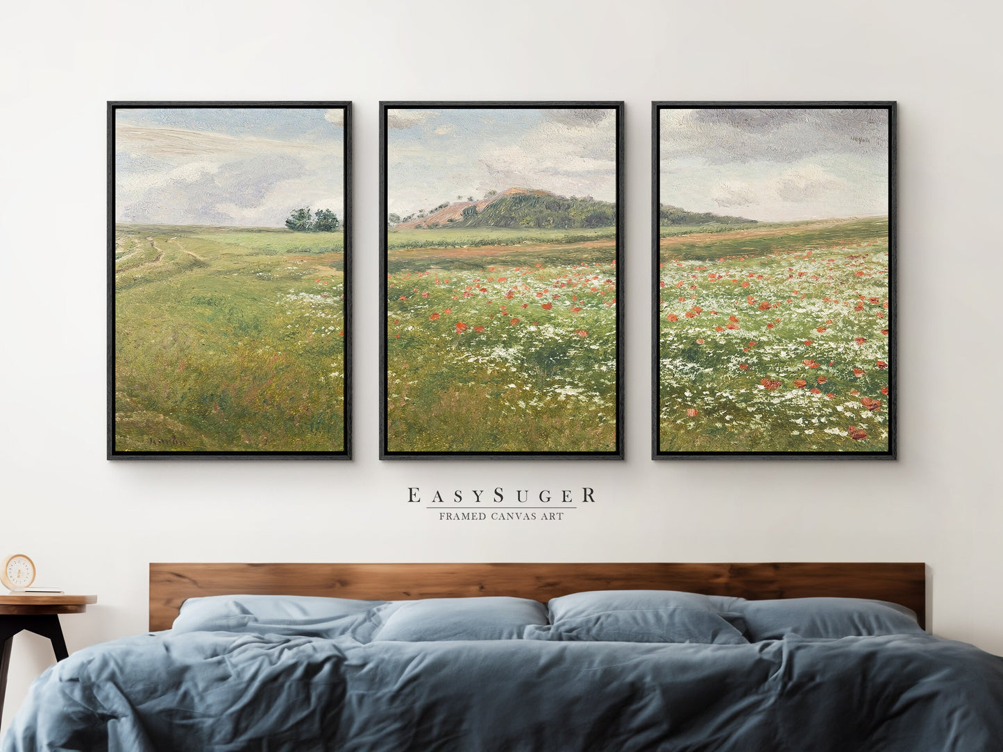 EasySuger 3 Panels Wildflowers field Landscape Wall Art, Vintage Nature Framed Large Gallery Art, Antique Art Ready to Hang