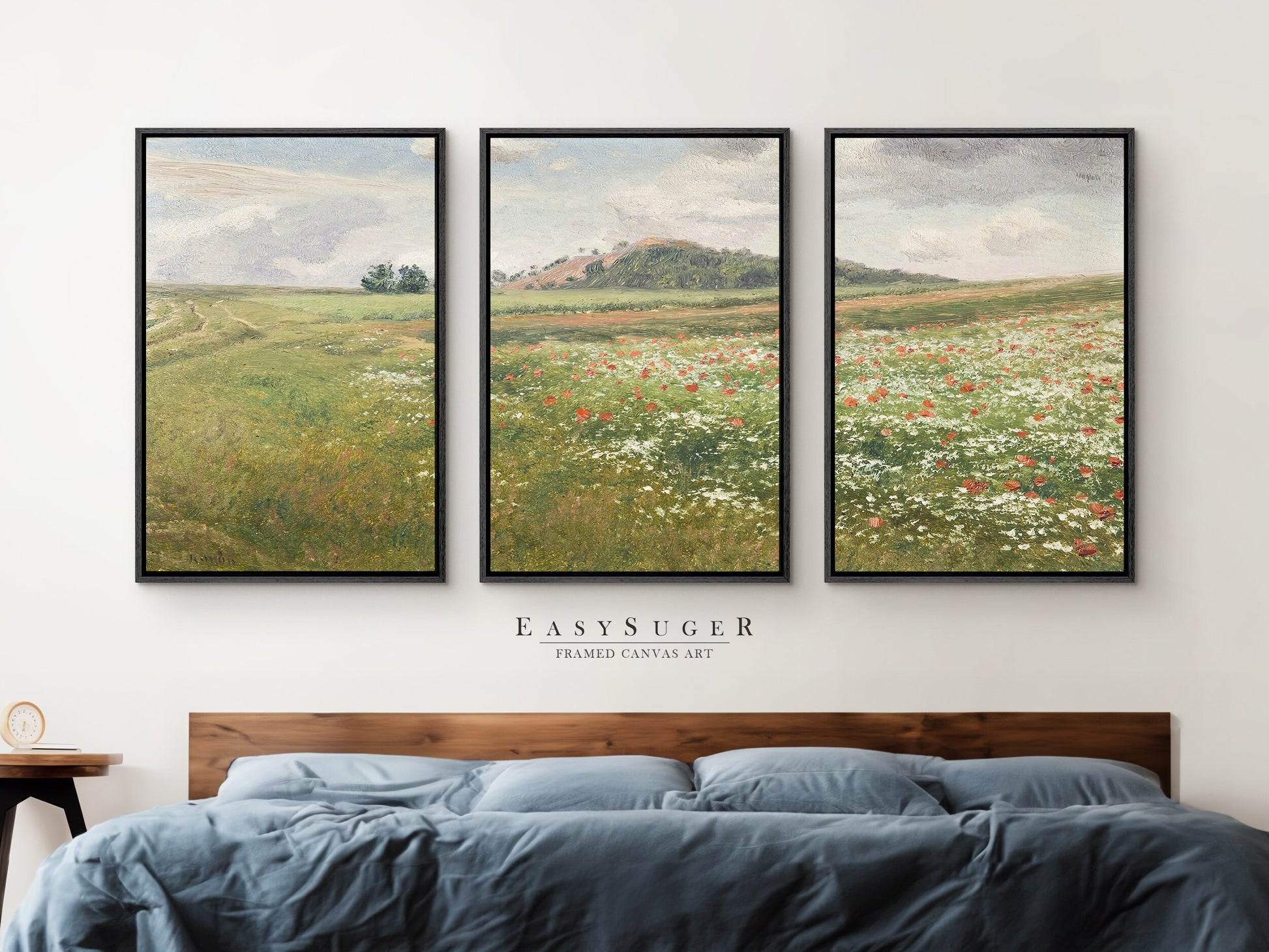 EasySuger 3 Panels Wildflowers field Landscape Wall Art, Vintage Nature Framed Large Gallery Art, Antique Art Ready to Hang