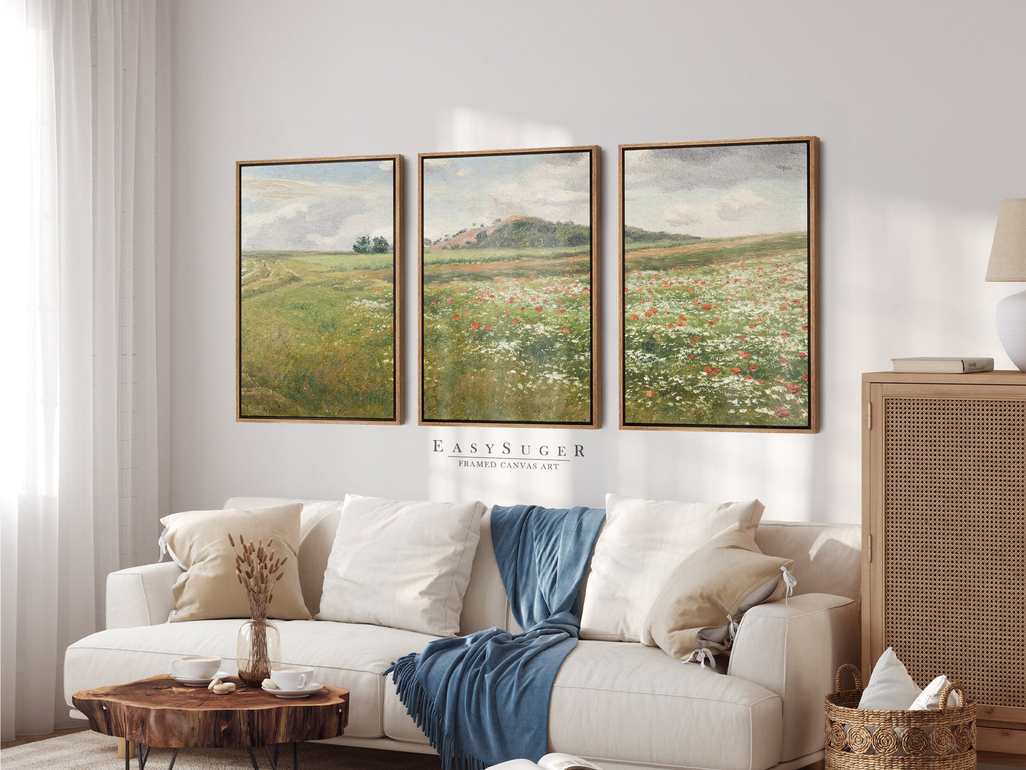 EasySuger 3 Panels Wildflowers field Landscape Wall Art, Vintage Nature Framed Large Gallery Art, Antique Art Ready to Hang