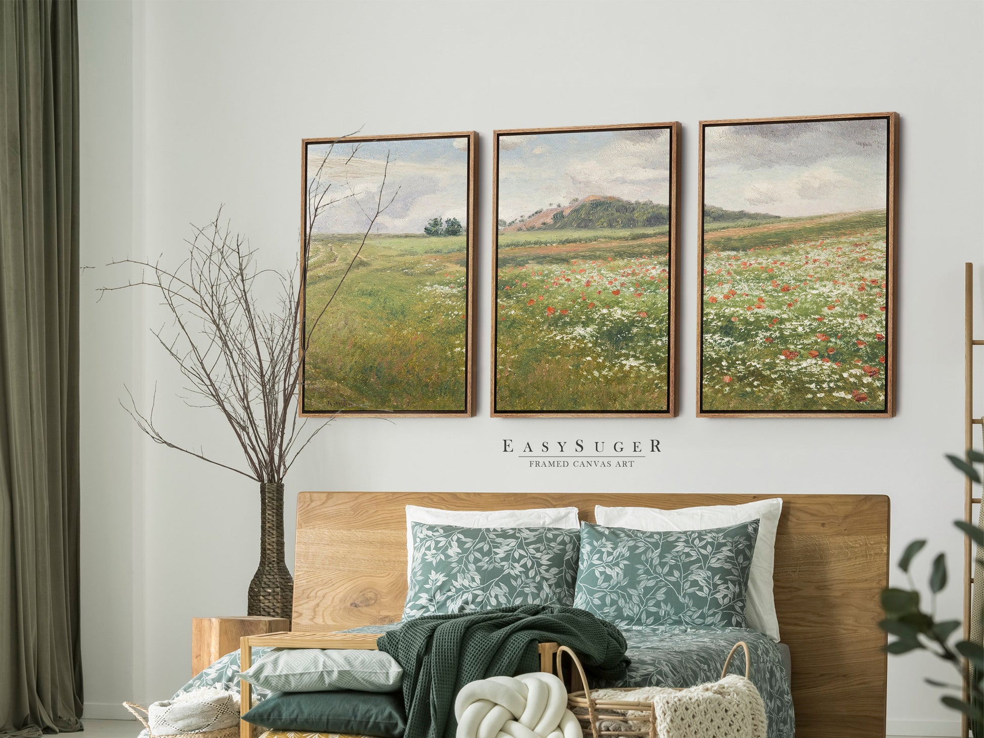 EasySuger 3 Panels Wildflowers field Landscape Wall Art, Vintage Nature Framed Large Gallery Art, Antique Art Ready to Hang