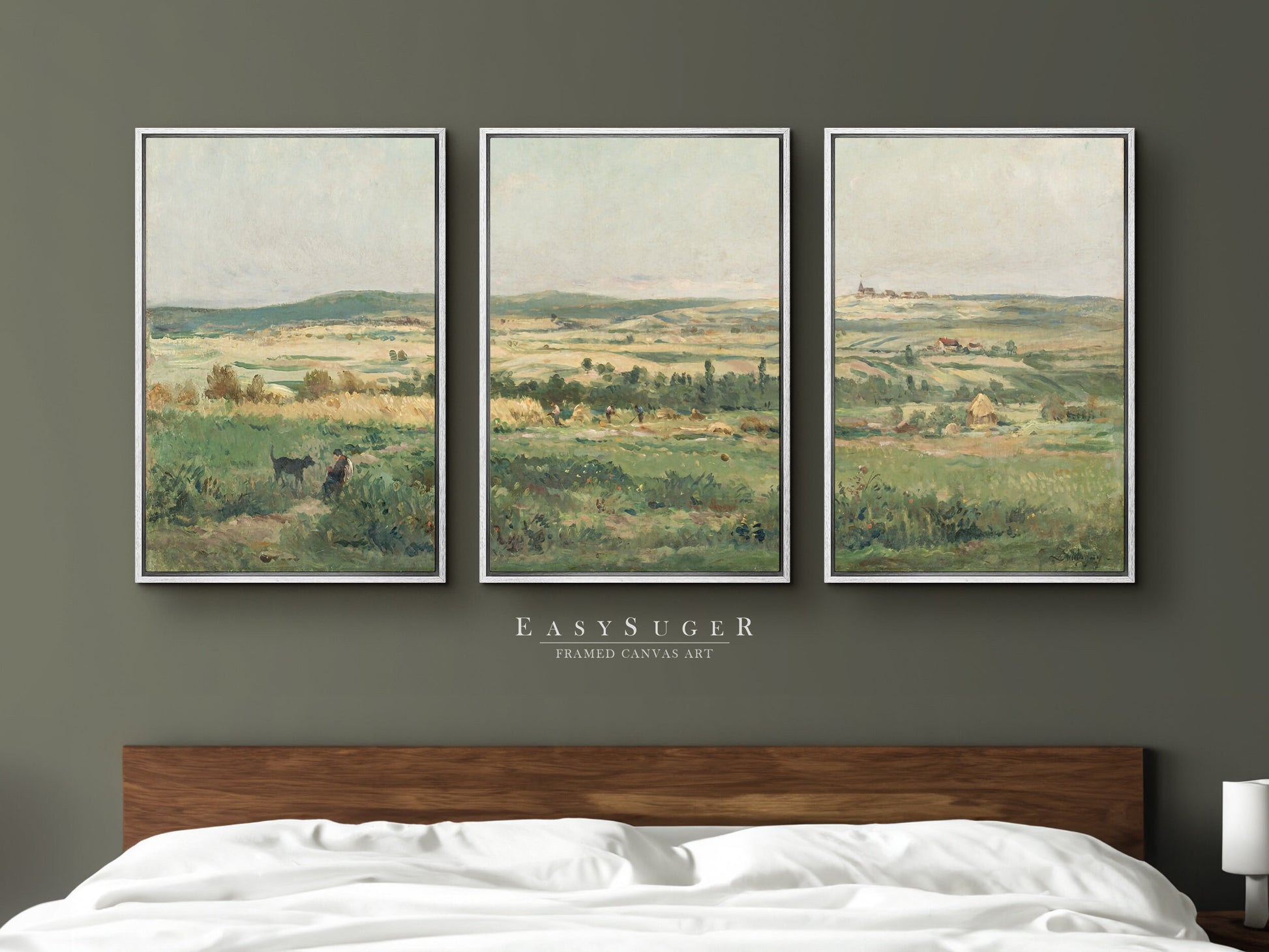 EasySuger 3 Panels Wildflowers field Landscape Wall Art, Vintage Nature Framed Large Gallery Art, Antique Art Ready to Hang