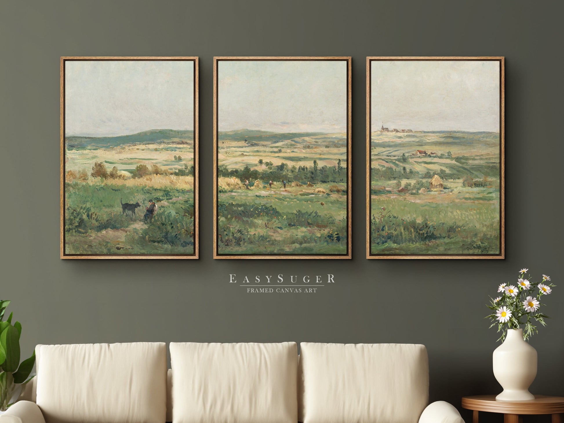 EasySuger 3 Panels Wildflowers field Landscape Wall Art, Vintage Nature Framed Large Gallery Art, Antique Art Ready to Hang