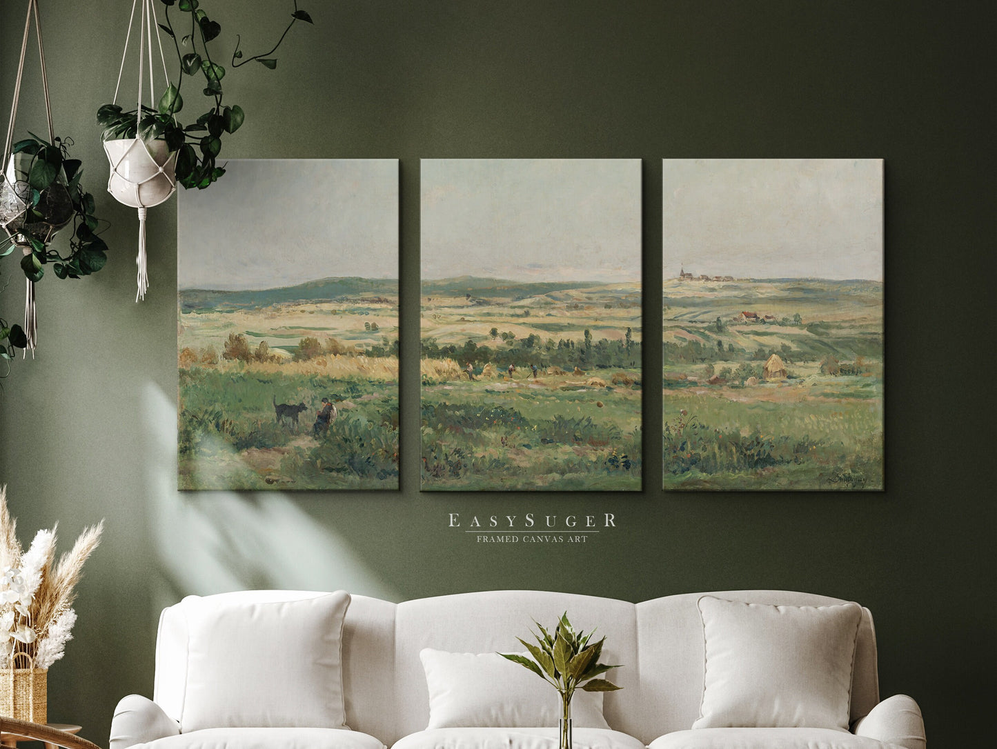 EasySuger 3 Panels Wildflowers field Landscape Wall Art, Vintage Nature Framed Large Gallery Art, Antique Art Ready to Hang