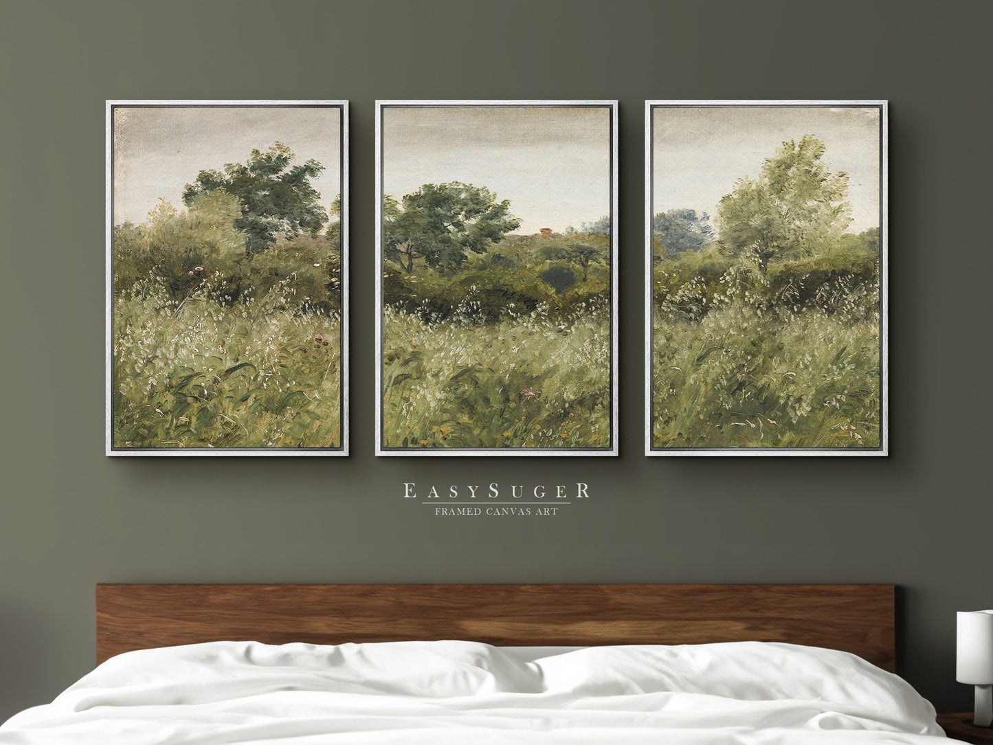 EasySuger 3 Panels Cottage Landscape Wall Art, Vintage Natural Landscape Framed Large Gallery Art, Antique Art Ready to Hang