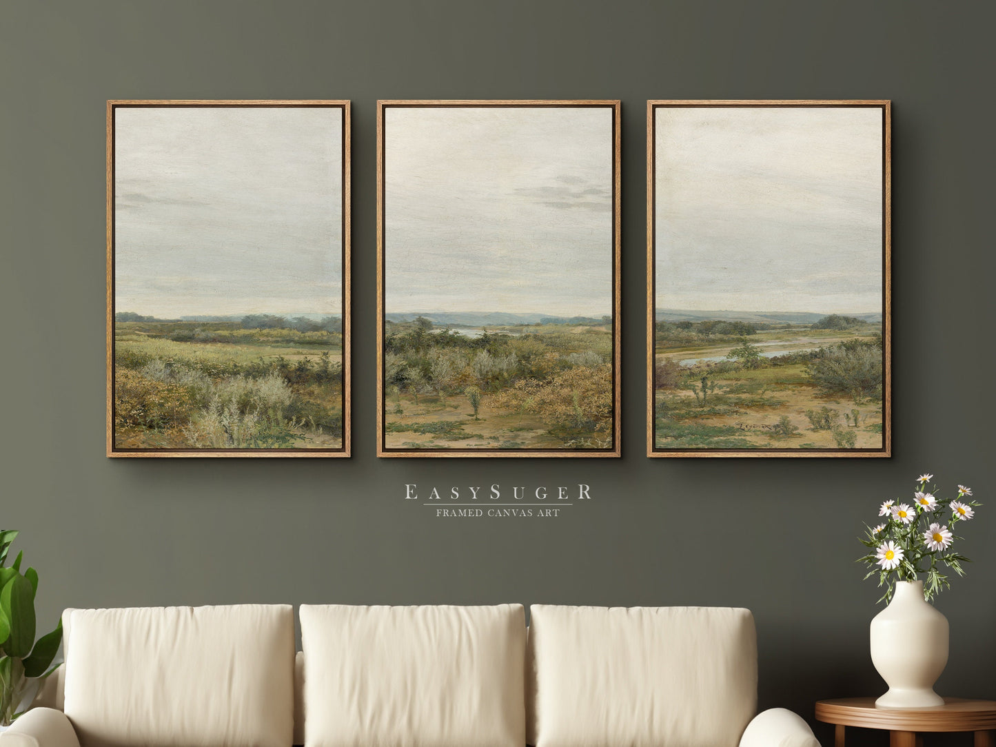 EasySuger 3 Panels Wildfield Landscape Wall Art, Vintage Nature Framed Large Gallery Art, Antique Art Ready to Hang