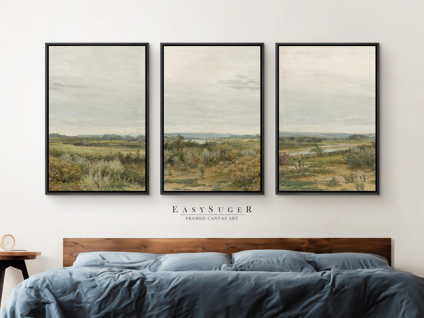 EasySuger 3 Panels Wildfield Landscape Wall Art, Vintage Nature Framed Large Gallery Art, Antique Art Ready to Hang