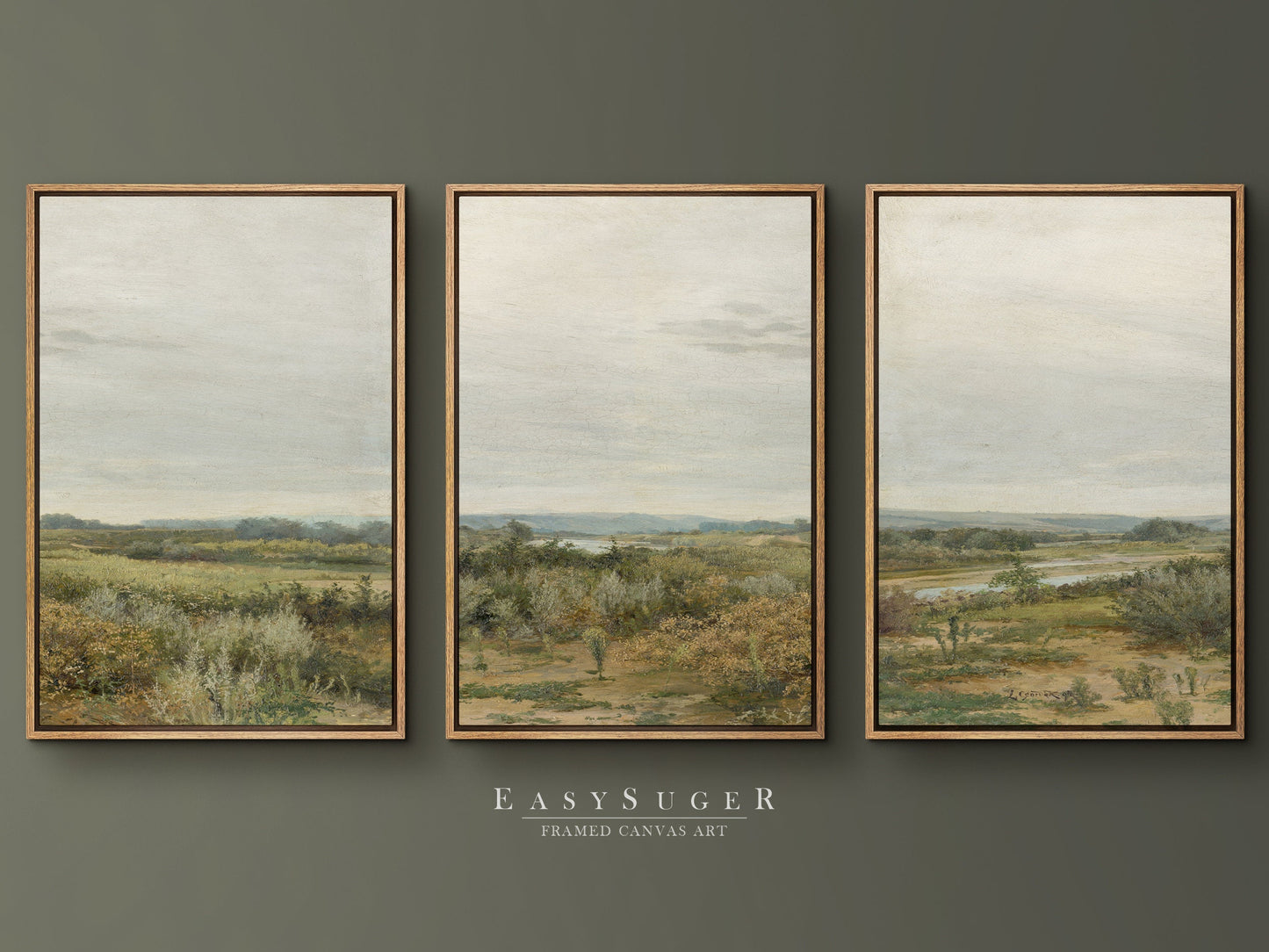 EasySuger 3 Panels Wildfield Landscape Wall Art, Vintage Nature Framed Large Gallery Art, Antique Art Ready to Hang